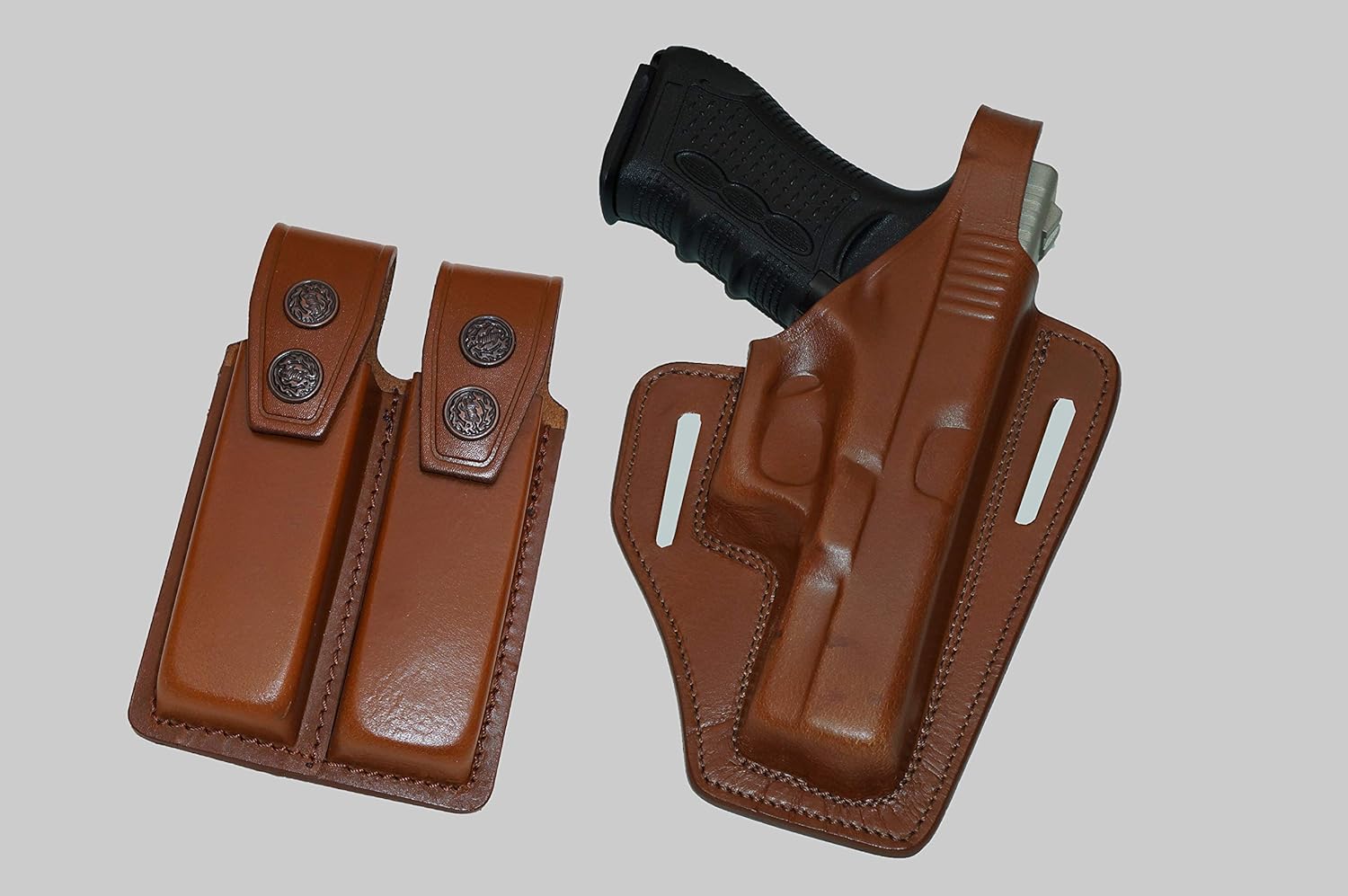 Brown Pancake Leather Holster with Thumb Break for Glock 19 & 23, RH & Double Magazine Pouch by ALIS