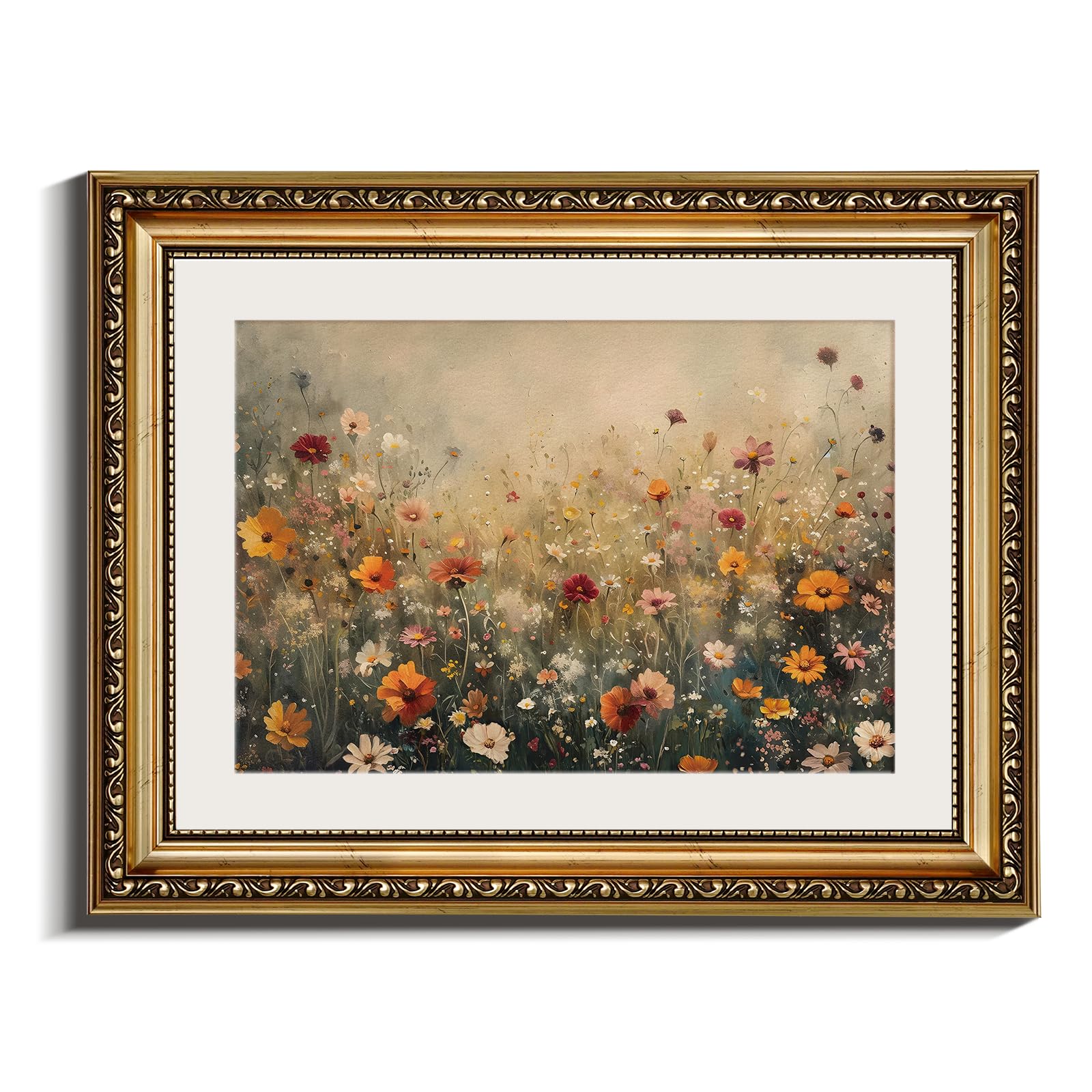 InSimSea Retro Gold Framed Wall Art, Vintage Nature Landscape Flower Wildflower Canvas Print Home Wall Decor, Landscape Farmhouse Decor, Antique Picture Frame Retro Paintings, 11x14 Inch