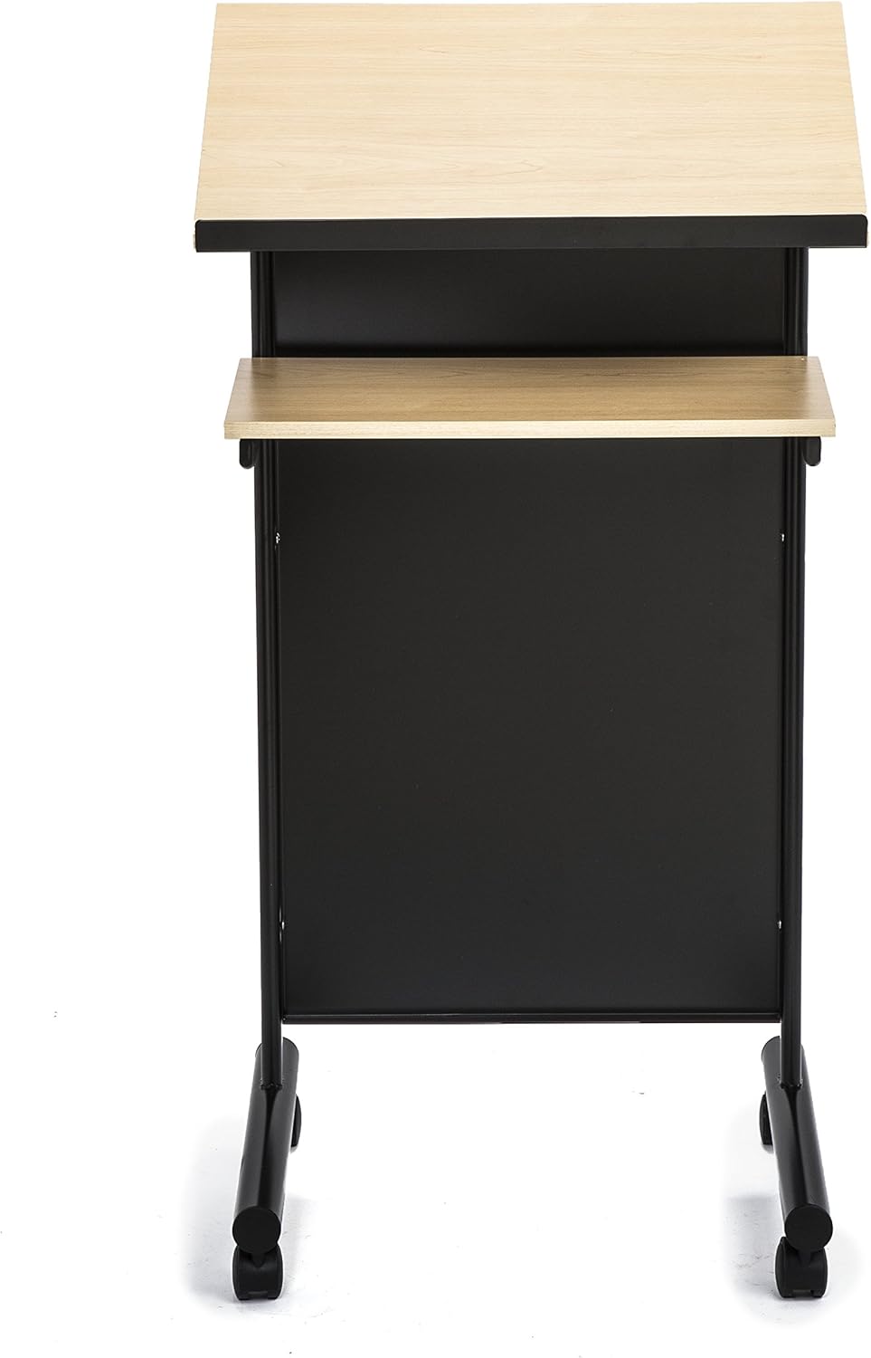 Audio-Visual Direct Wheeled Lectern - Standing Desk with Storage Shelf - Beech/Black - Ideal for Presentations and Laptop Use