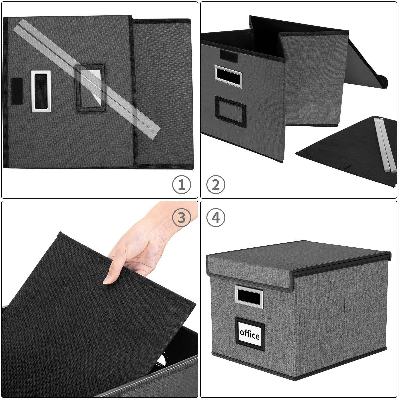 FINEW Caja de almacenamiento plegable de tela con tapa, caja para carpetas colgantes DIN A4, cajas de almacenamiento para oficina, caja plegable para familias (gris oscuro) 4 unidades