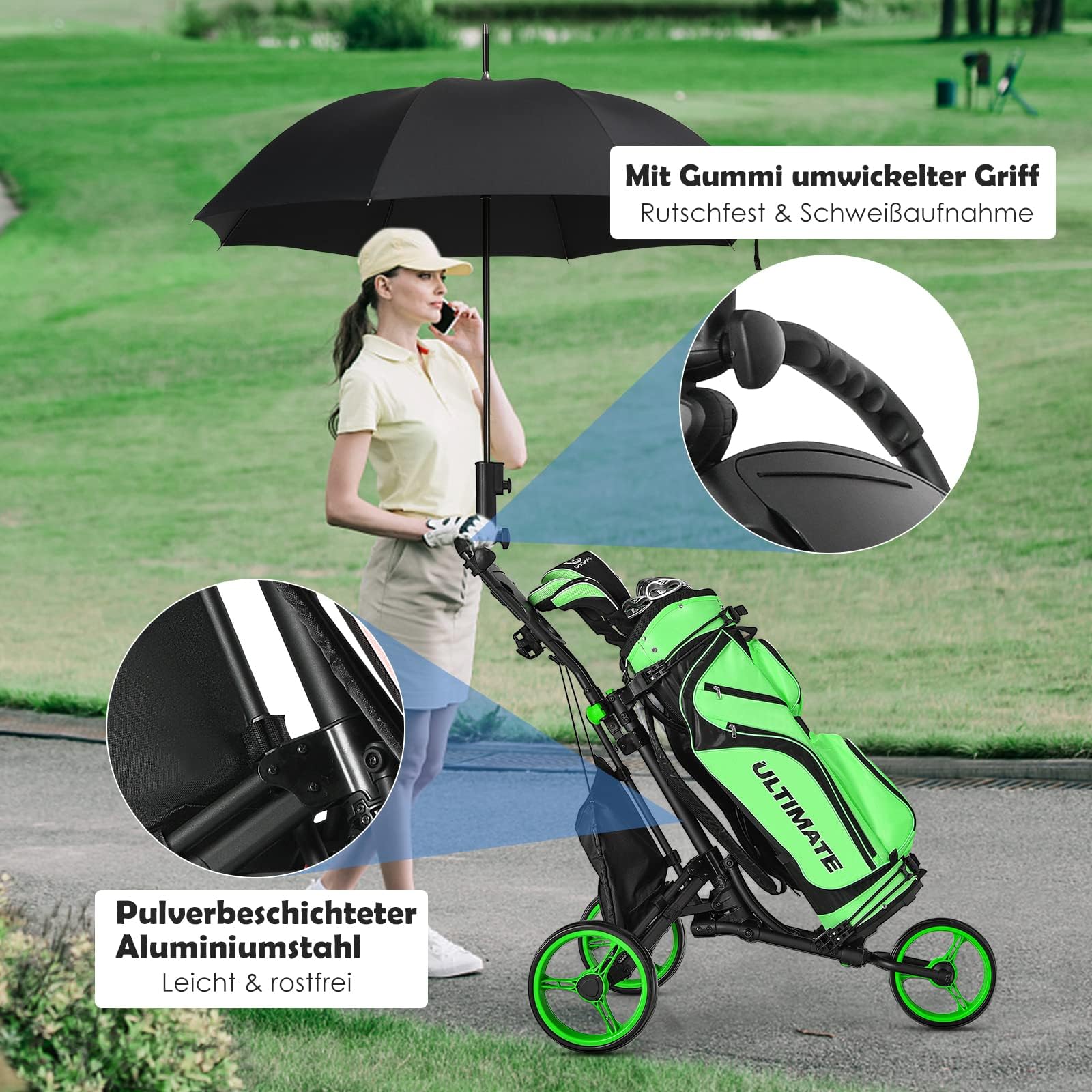 GOPLUS Golf Trolley, Golftrolley 3 Rad mit Verstellbarer Griff, Fußbremse, Golfwagen klappbar mit Schirm- und Getränkehalter & wasserdichter Tasche, Golfcaddy Golf Push Cart