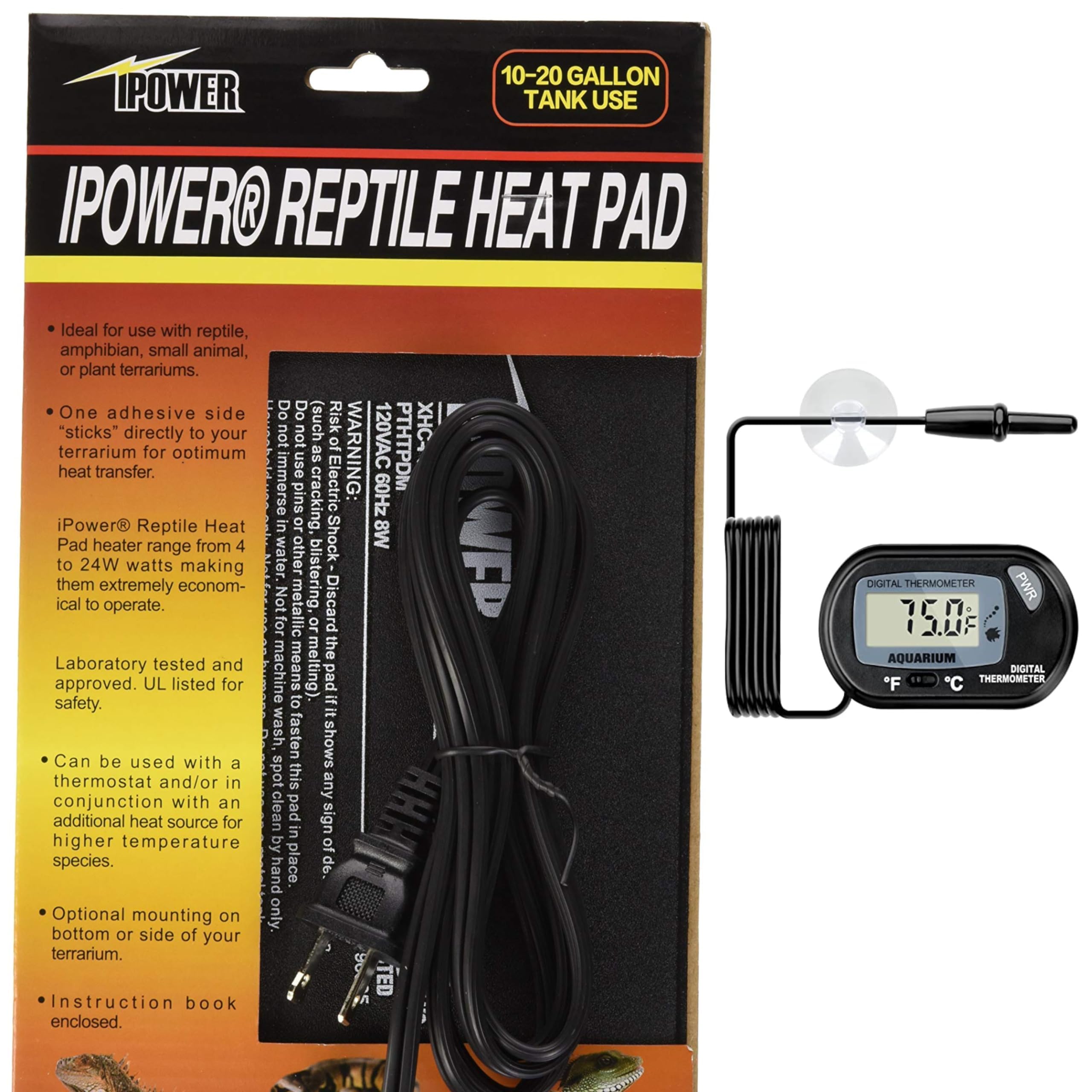 iPower 6 by 8-Inch 8W Reptile Heat Mat, LCD Digital Aquarium Thermometer, Under Tank Warmer Terrarium Heat Pad for Turtles Lizards Frogs and Other Small Animals