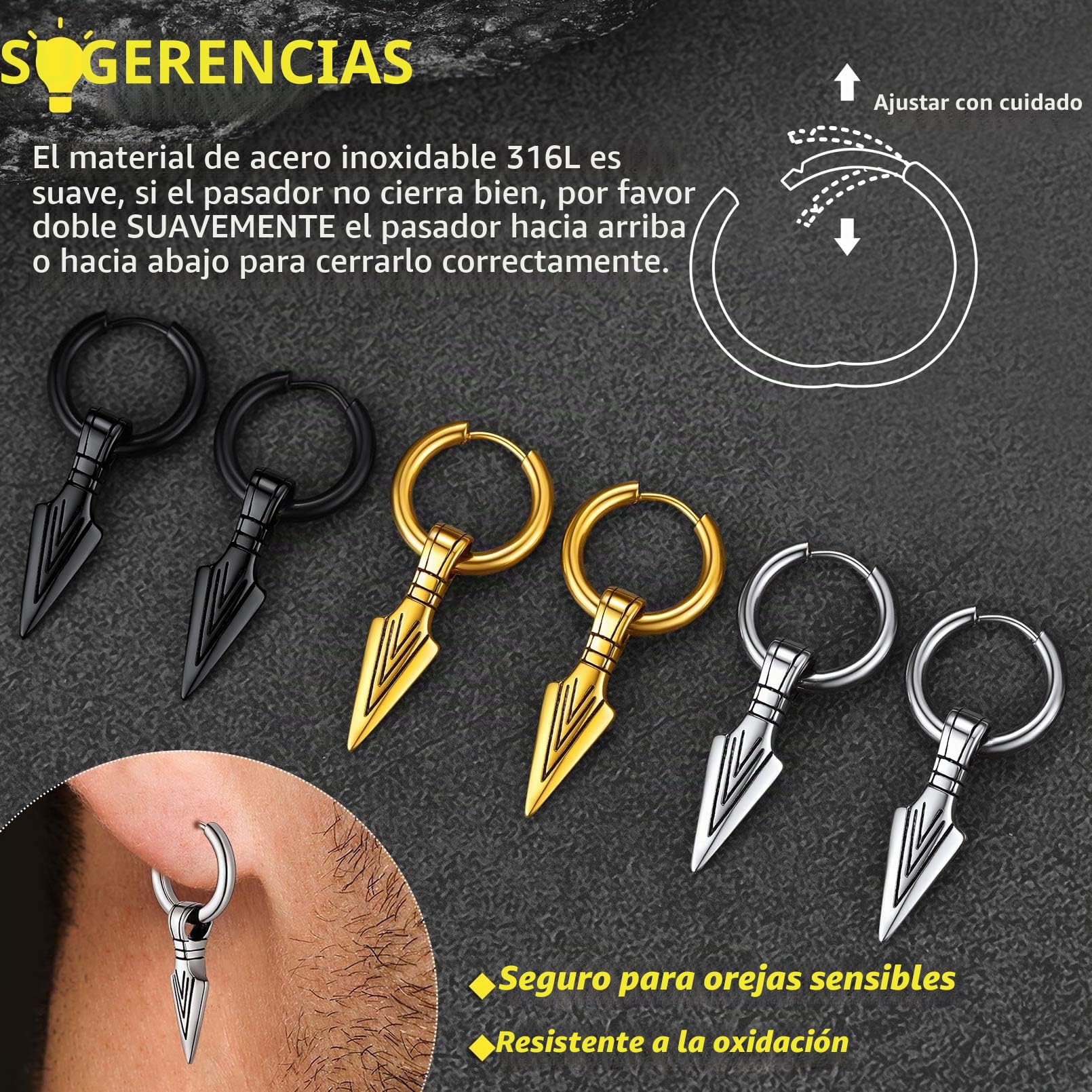 FaithHeart Pendientes Vikingos Hombres Acero Inoxidable 316L Aros con Colgante Vikingo Punta Flecha Lanza Calavera Joyería Hippie