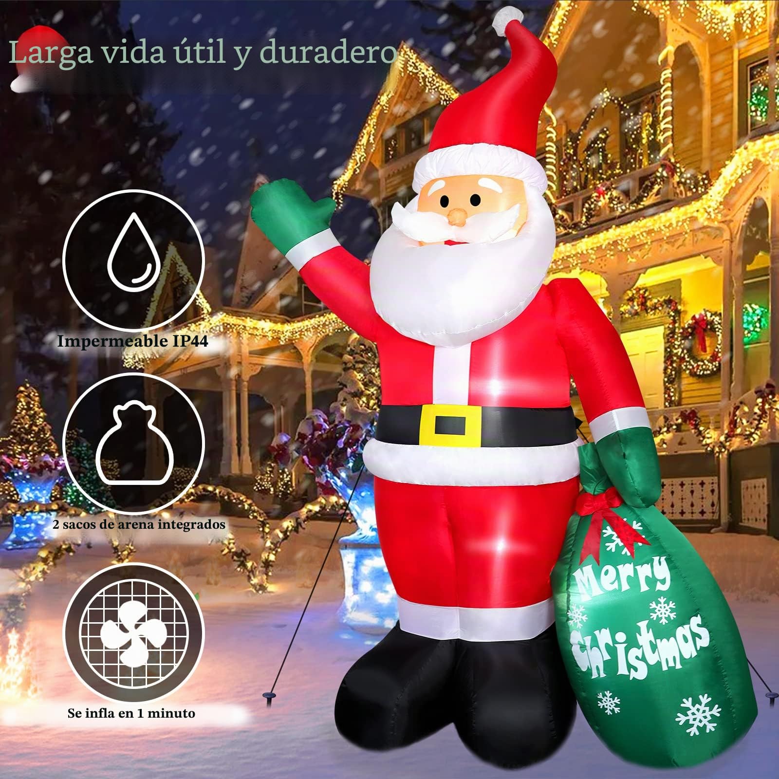 Inflable Papá Noel 244cm, Decoración de Navidad con Luces LED e Inflador Eléctrico, IP44 Impermeable, Figura de Papá Noel Gigante con Bolsa de Regalo, Iluminación Interior y Exterior Jardín Césped