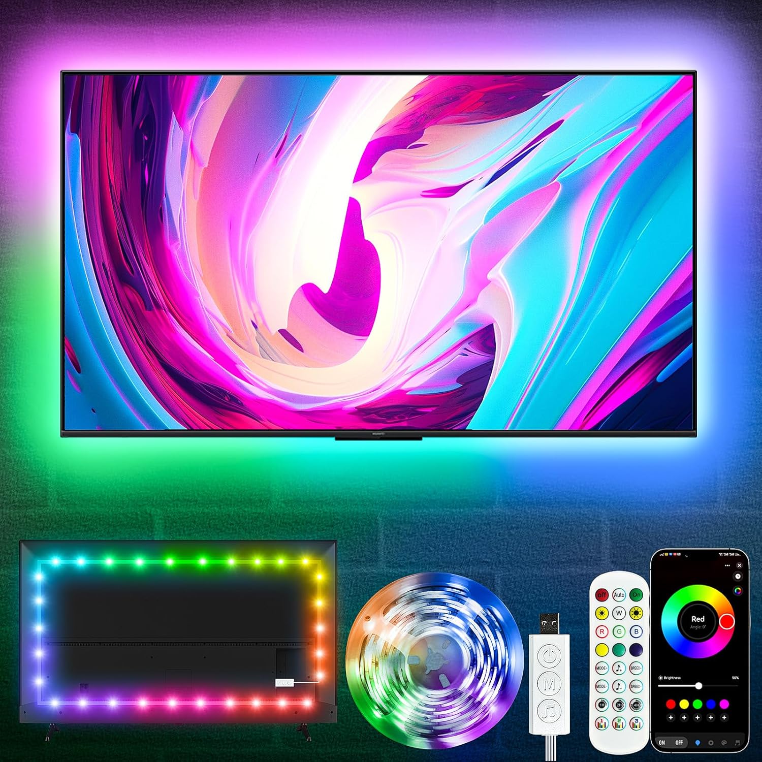 KSIPZE 16.5ft RGB TV LED Backlight for 45-75 Inch TVs - Music Sync, App & Remote Control, USB Powered