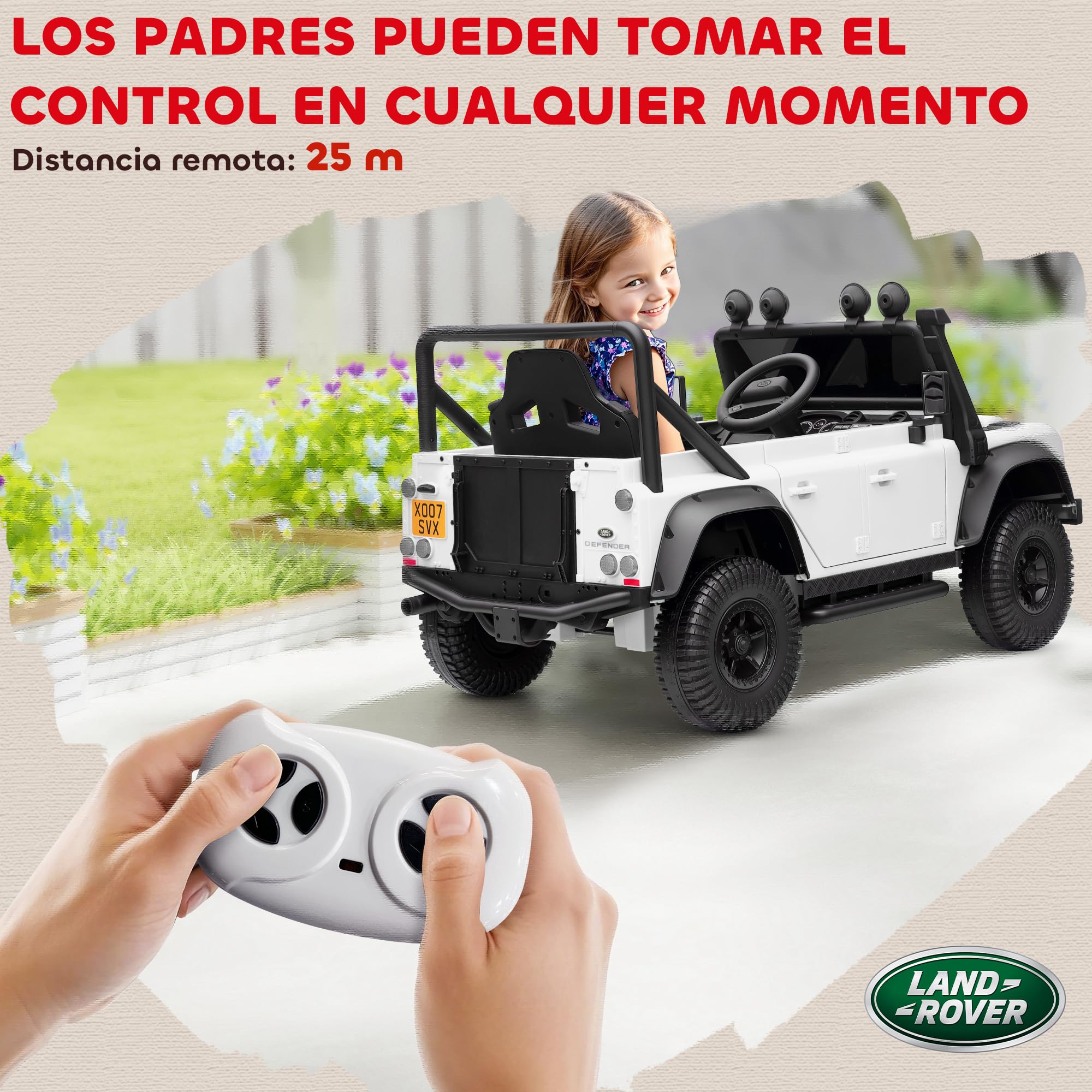 AIYAPLAY Coche Eléctrico para Niños con Licencia Land Rover 12V Coche de Batería para Niños con Control Remoto Sistema de Suspensión USB MP3 Velocidad Ajustable Faros Blanco