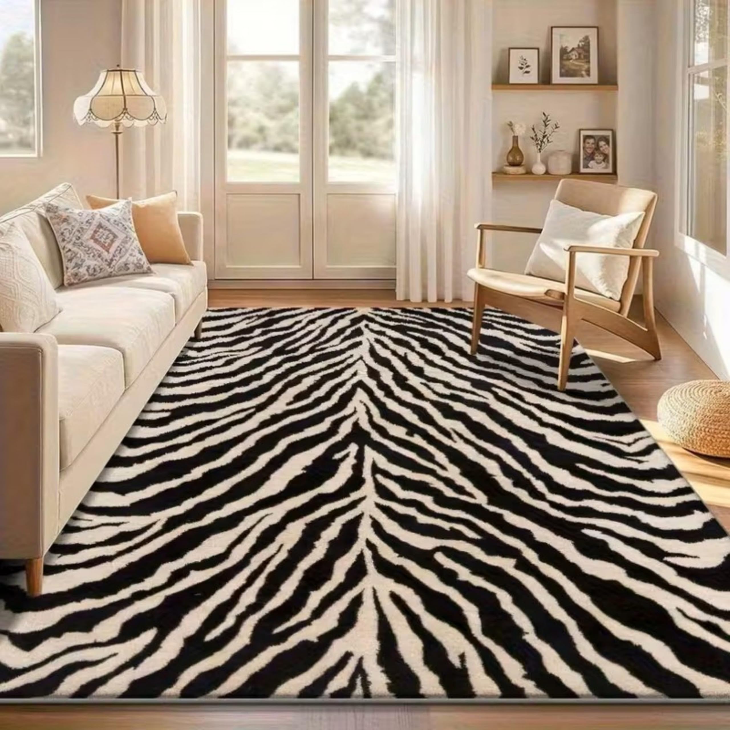 SOJAWA Nordic Style Zebra Print Rug 200x260cm Modern Minimalist Style White Background With Black Stripes, Soft Rug for Living Room, Bedroom, Bedside, Machine Washable, Non-Slip Rugs, Home Decor — image 1