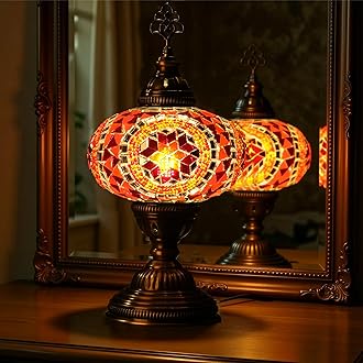 Mozaist Turkish Mosaic Desk Lamp with Bulb – Orange Red Tiffany-Style Glass, ...