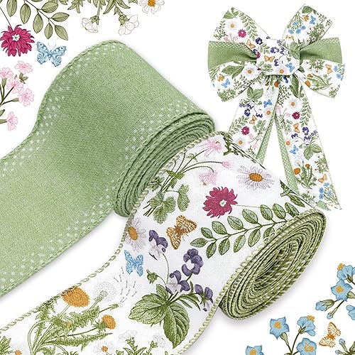 JarThenaAMCS Green Wildflowers Wired Edge Ribbon Retro Wild Floral Craft Ribbon Spring Fabric Ribbon for Summer Mother's Day Wreath Bow Making DIY Wrapping Party Decor Supplies, 2 Rolls, 20 Yard
