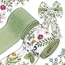 JarThenaAMCS Green Wildflowers Wired Edge Ribbon Retro Wild Floral Craft Ribbon Spring Fabric Ribbon for Summer Mother's Day Wreath Bow Making DIY Wrapping Party Decor Supplies, 2 Rolls, 20 Yard