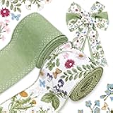 JarThenaAMCS Green Wildflowers Wired Edge Ribbon Retro Wild Floral Craft Ribbon Spring Fabric Ribbon for Summer Mother's Day Wreath Bow Making DIY Wrapping Party Decor Supplies, 2 Rolls, 20 Yard