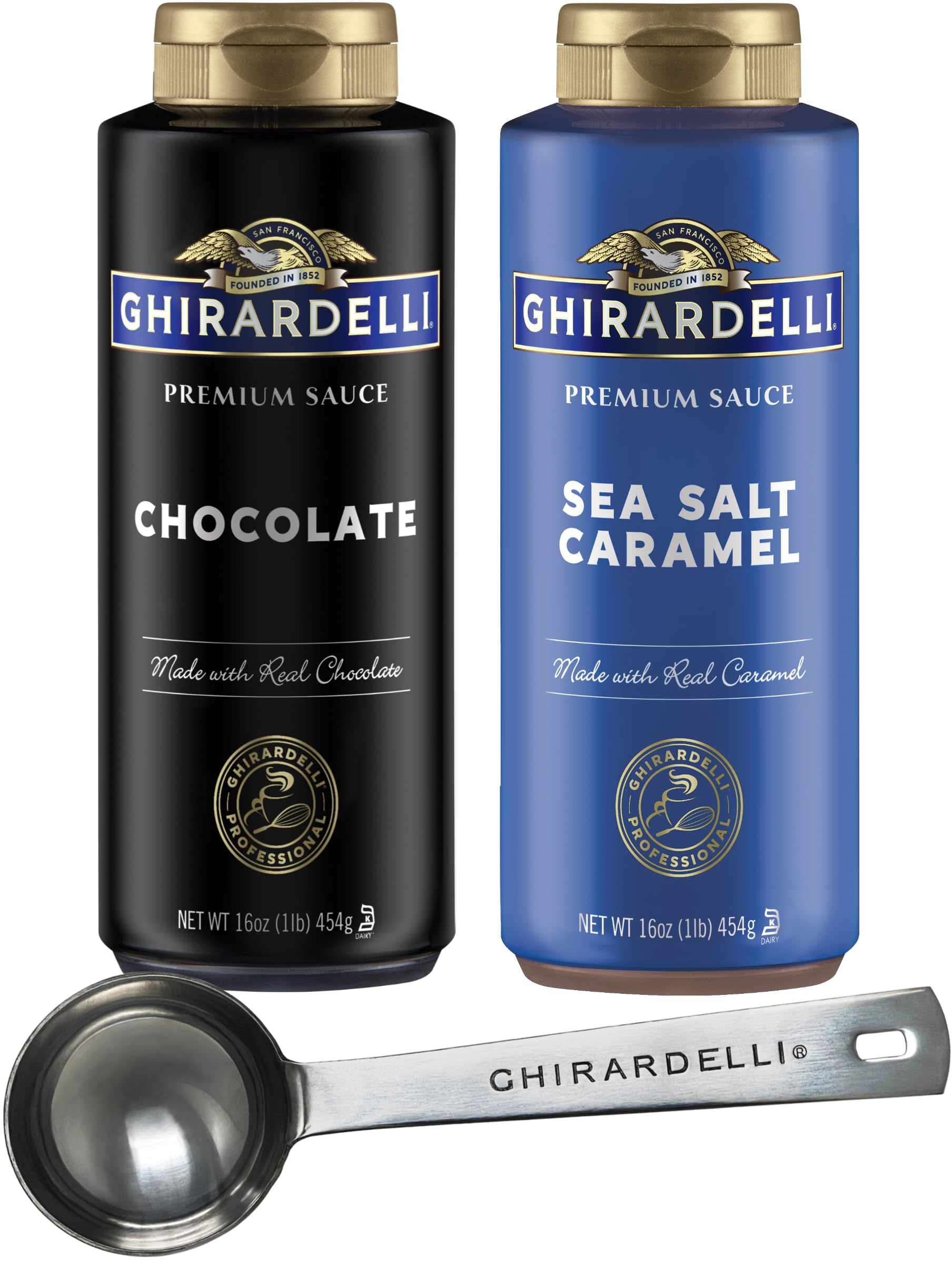Ghirardelli Sea Salt Caramel and Chocolate Flavored Sauce 16 oz Squeeze Bottles (Pack of 2) with Ghirardelli Stamped Barista Spoon