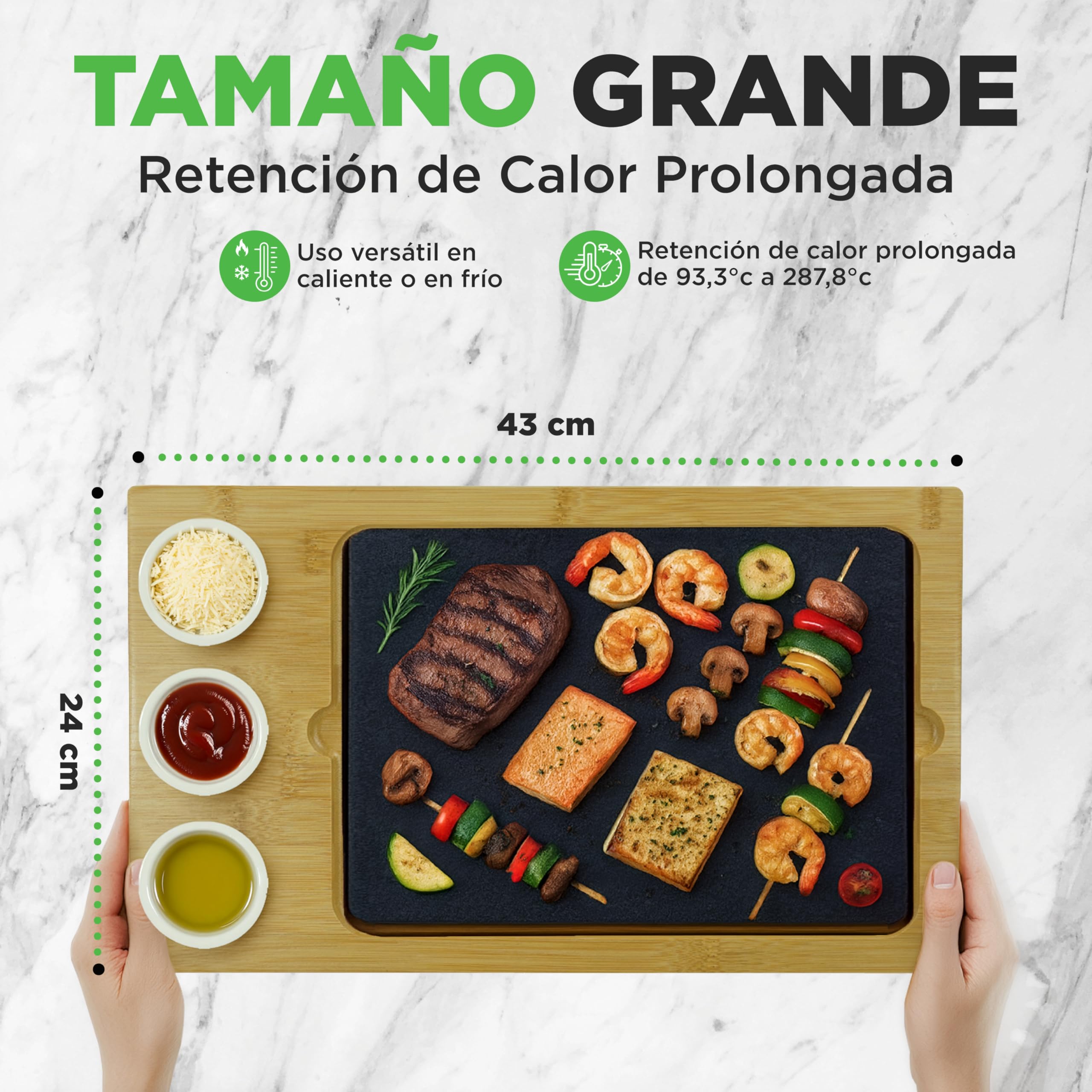 NutriChef Sizzle Juego de Cocina con Piedra Caliente – Parrilla de Mesa con Bandeja de Bambú, Cuencos de Salsa de Cerámica y Bandeja de Acero Inoxidable