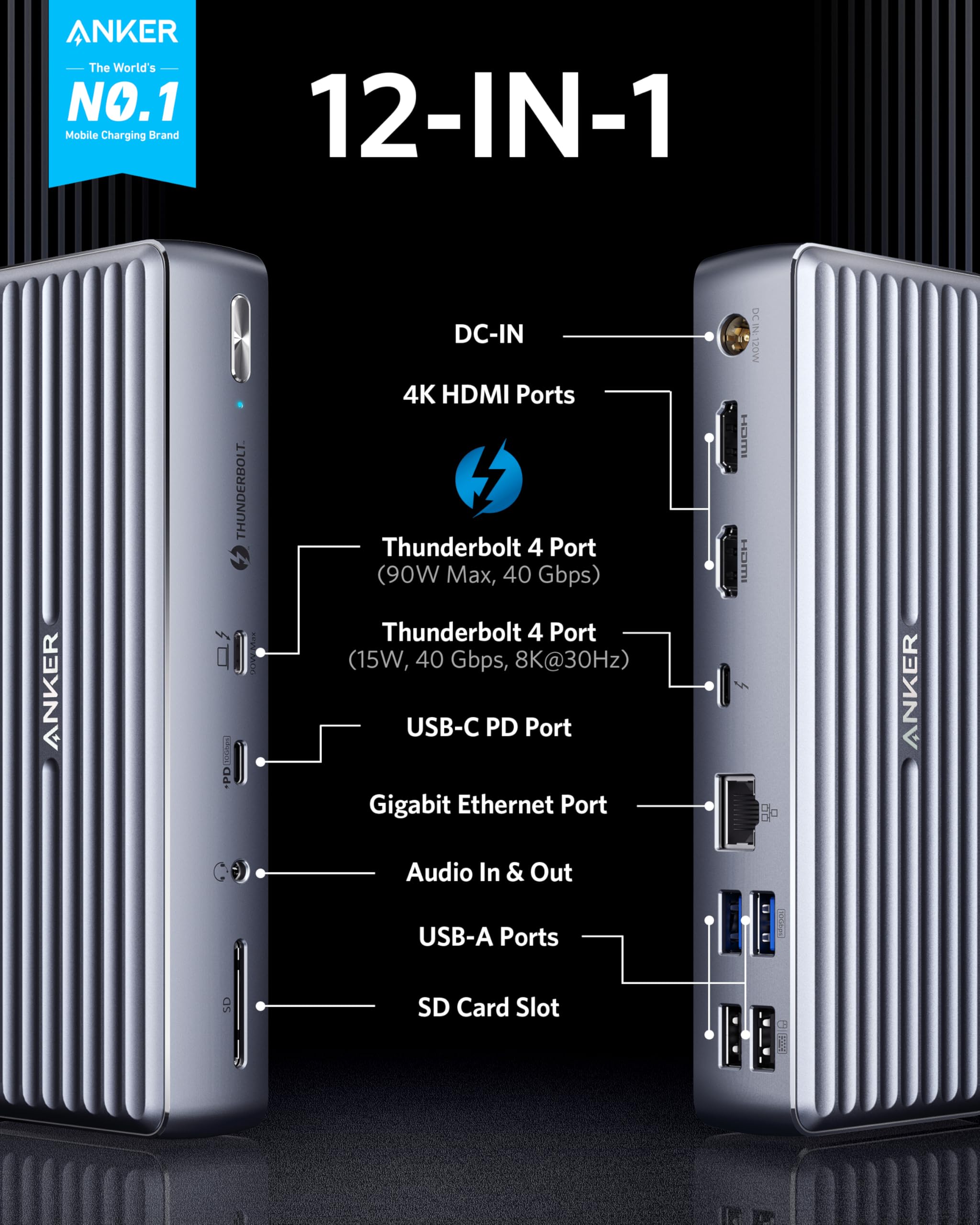 分配器・切替器 Anker Apex Thunderbolt Docking Station Anker Apex 12-in-1 Thunderbolt 4 Dock, Max 90W Charging for Laptop