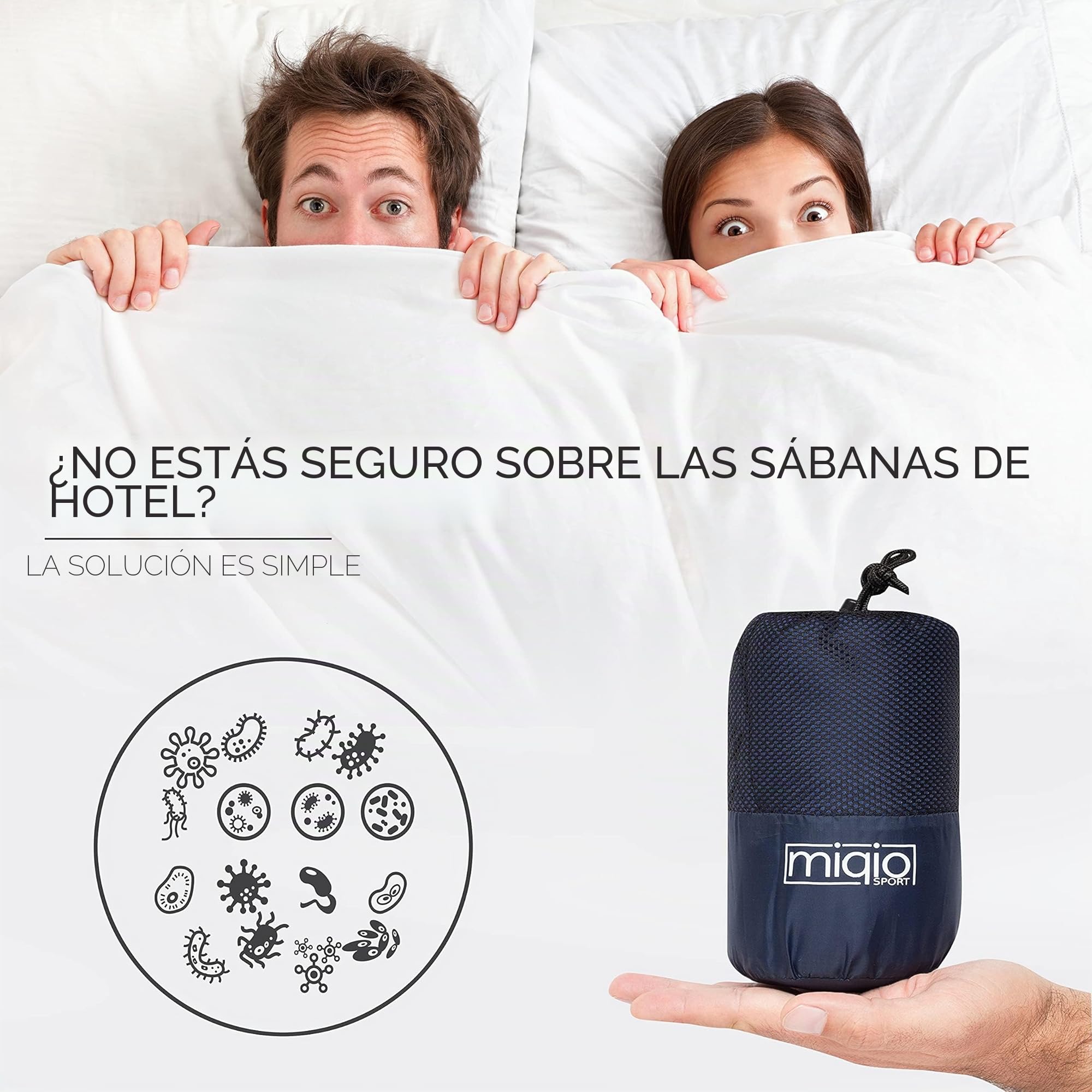 MIQIO 2en1 Saco de Dormir Ultraligero y Sábana de Viaje Ligera, Ultra pequeña Saco sábana Compacto de Microfibra con Compartimiento de Almohada, XL, Ideal para mochileros, hostales y cabañas