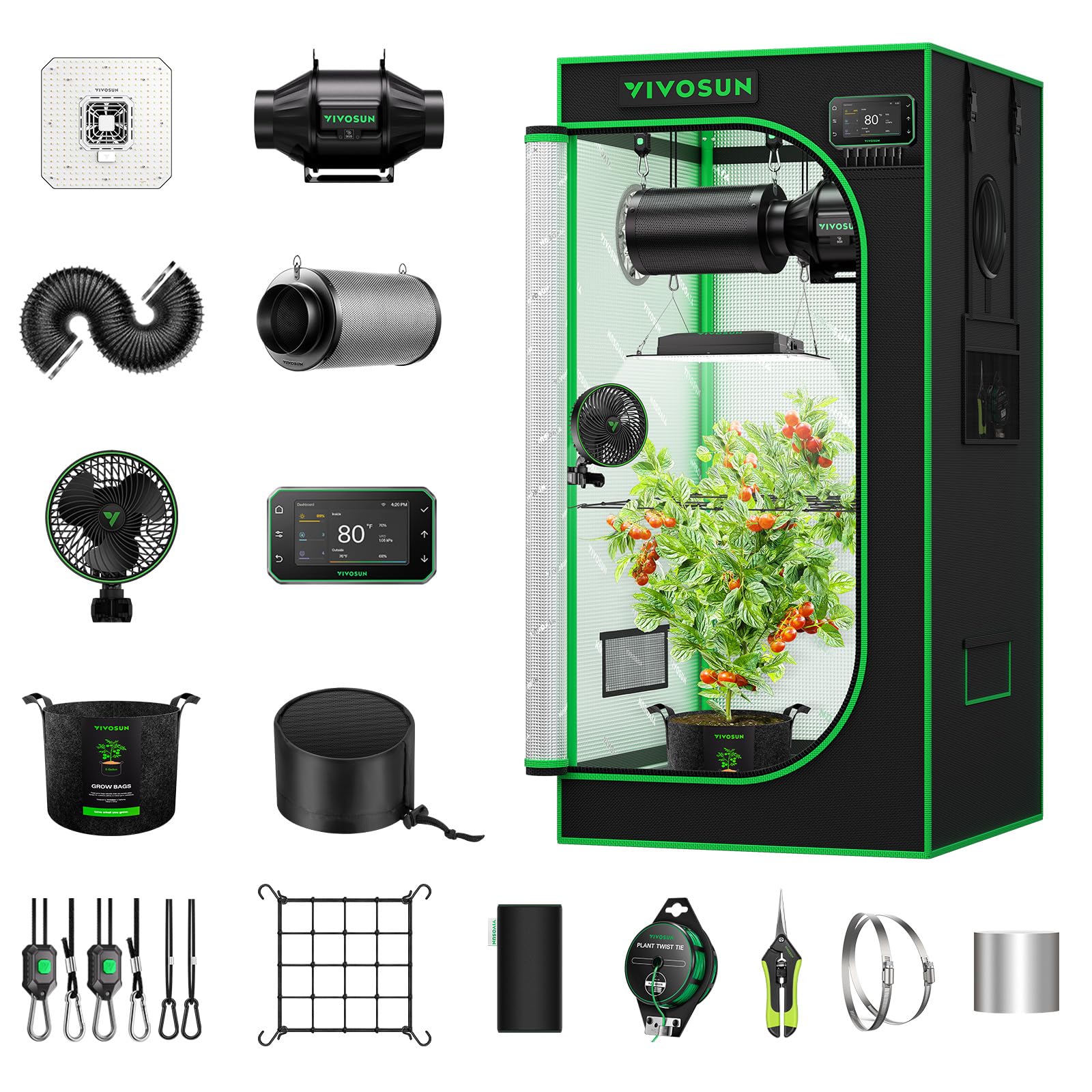 VIVOSUN GIY Plus Smart Advance Grow Tent Kit 2x2 ft WiFi-Integrated Complete Grow Tent System 2000D Mylar Grow Tents with Full-Spectrum Programmable Grow Light, Enhanced Ventilation & Circulation