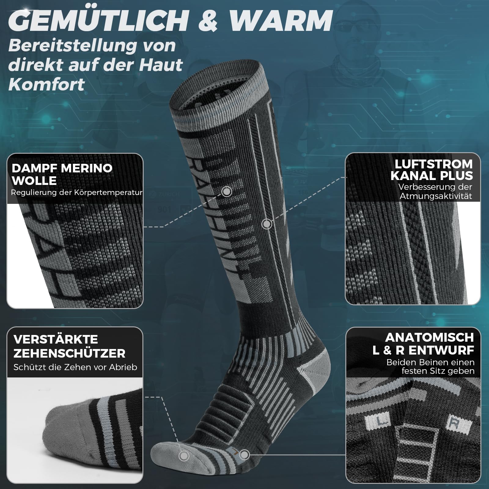 Rahhint Calze da Sci a Compressione in Lana Merino per Uomo, Donna e Adolescente, Calze Termiche Invernali, Calze da Trekking Con Imbottitura, Calze al Ginocchio, Taglia 35-51, (2 Paia)