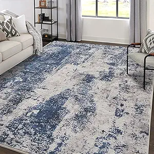 Area Rug Living Room Rugs: 5x7 Large Soft Indoor Carpet Modern Abstract Decor Rug with Non Slip Rubber Backing for Under Dining Table Nursery Home Office Bedroom Blue