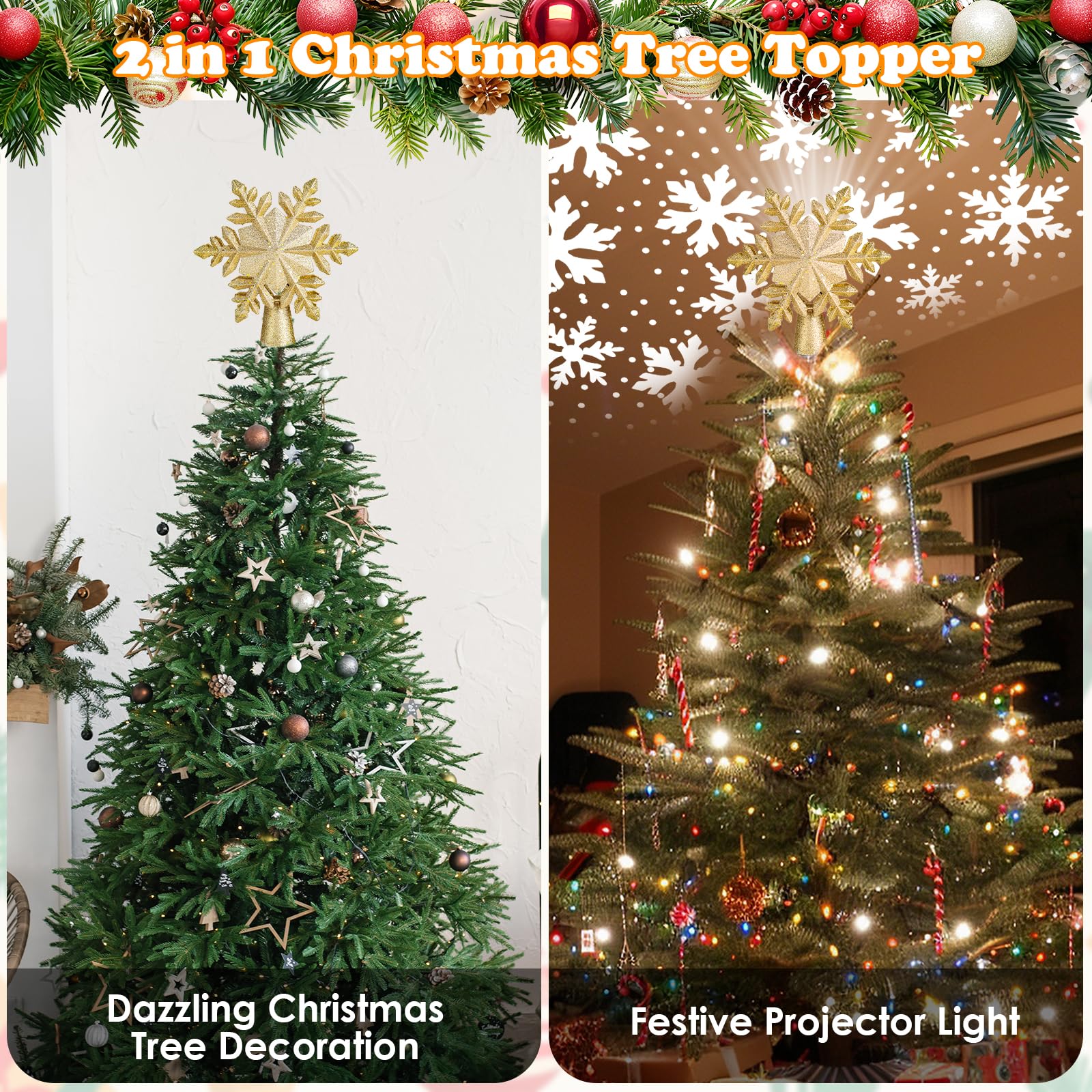 Étoile lumineuse pour cime de sapin de Noël avec projecteur de lumière 6 effets HD, 3D pailleté doré, projecteur de lumières d'intérieur pour décoration de sapin de Noël
