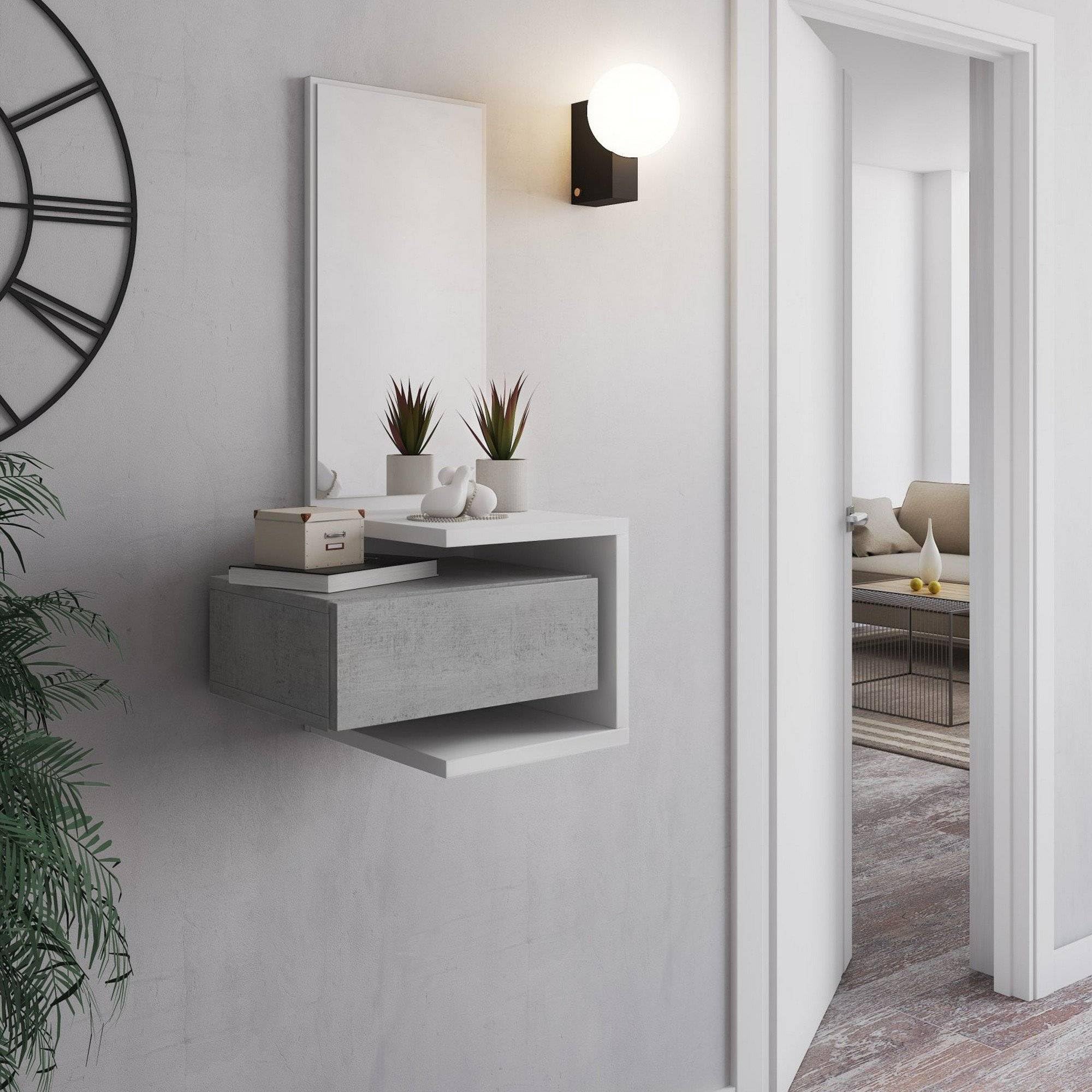 Dmora Mobile da Ingresso Seto 43x32x90h cm Bianco Specchio Incluso un Cassetto, Installazione Sospesa