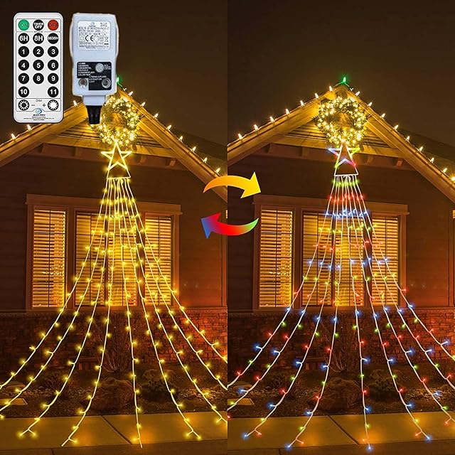 Outdoor Christmas Lights Star Fairy Lights Mains Powered, Hanging Window Curtain Lights Plug In 335 LED Warm White & Multi- 4Color changing Outside Tree Lights for Xmas Room Gazebo Decor