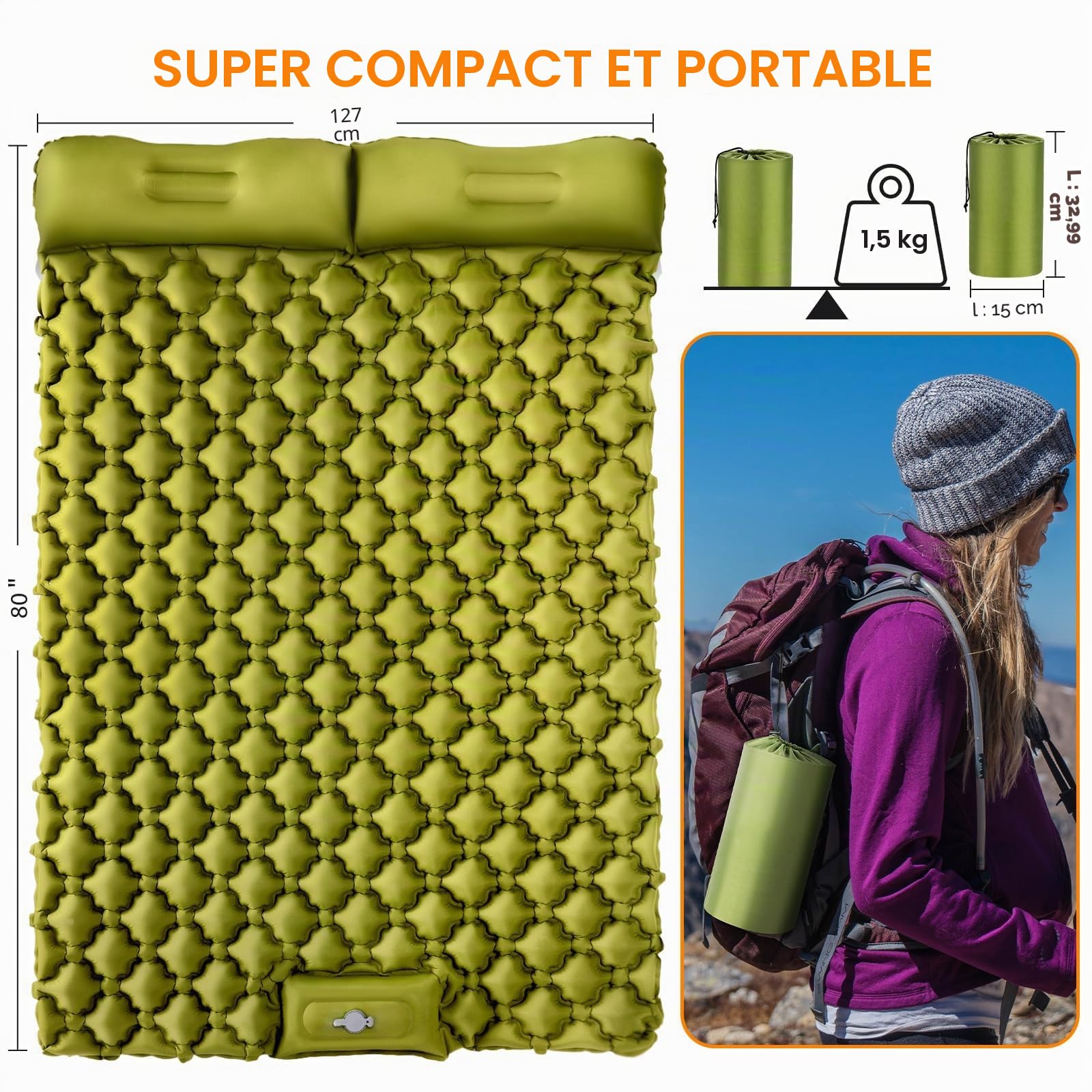 Matelas de Couchage Double Ultra léger de 10,2 cm Extra épais Auto-gonflant pour 2 Personnes avec Oreiller, Pompe à Pied intégrée, Tapis de Camping Portable pour randonnée, Voyage, Tente, Camping