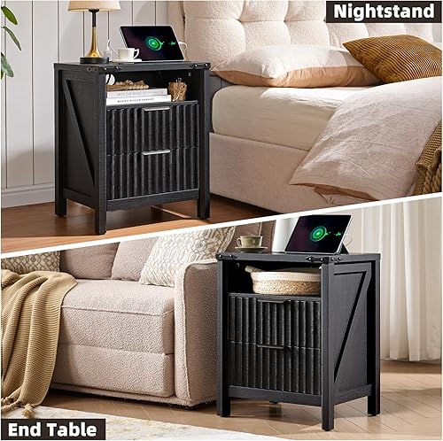 Miniatura 4 de Mesita de noche acanalada con estación de carga, mesa auxiliar de granja de 20 pulgadas, mesita de noche moderna, elegante mesita de noche de madera