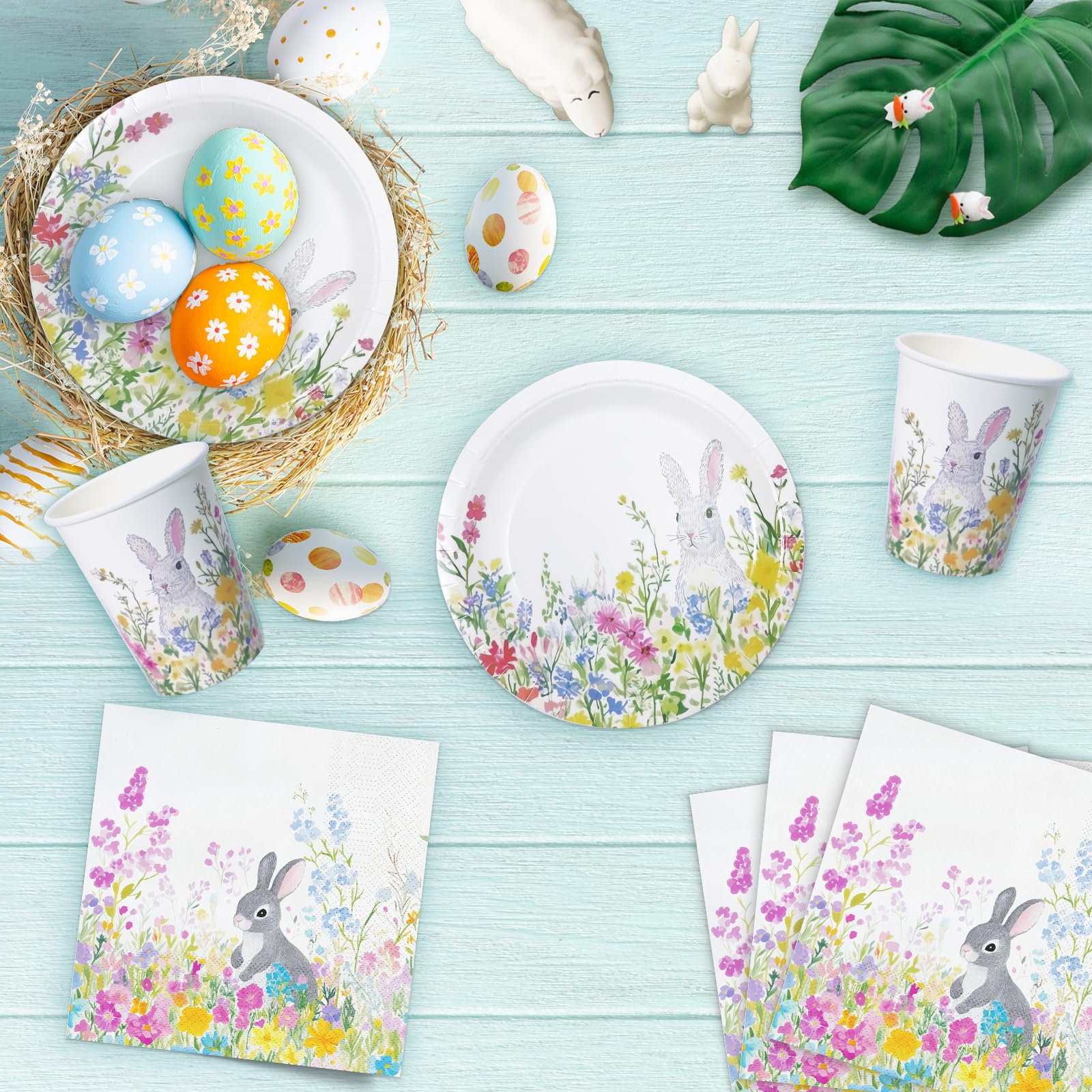 Set Stoviglie Di Carta Pasqua 100 Pezzi - Piatti, Bicchieri E Tovaglioli USA E GETTA Con Coniglietti Decorati - Foto 4