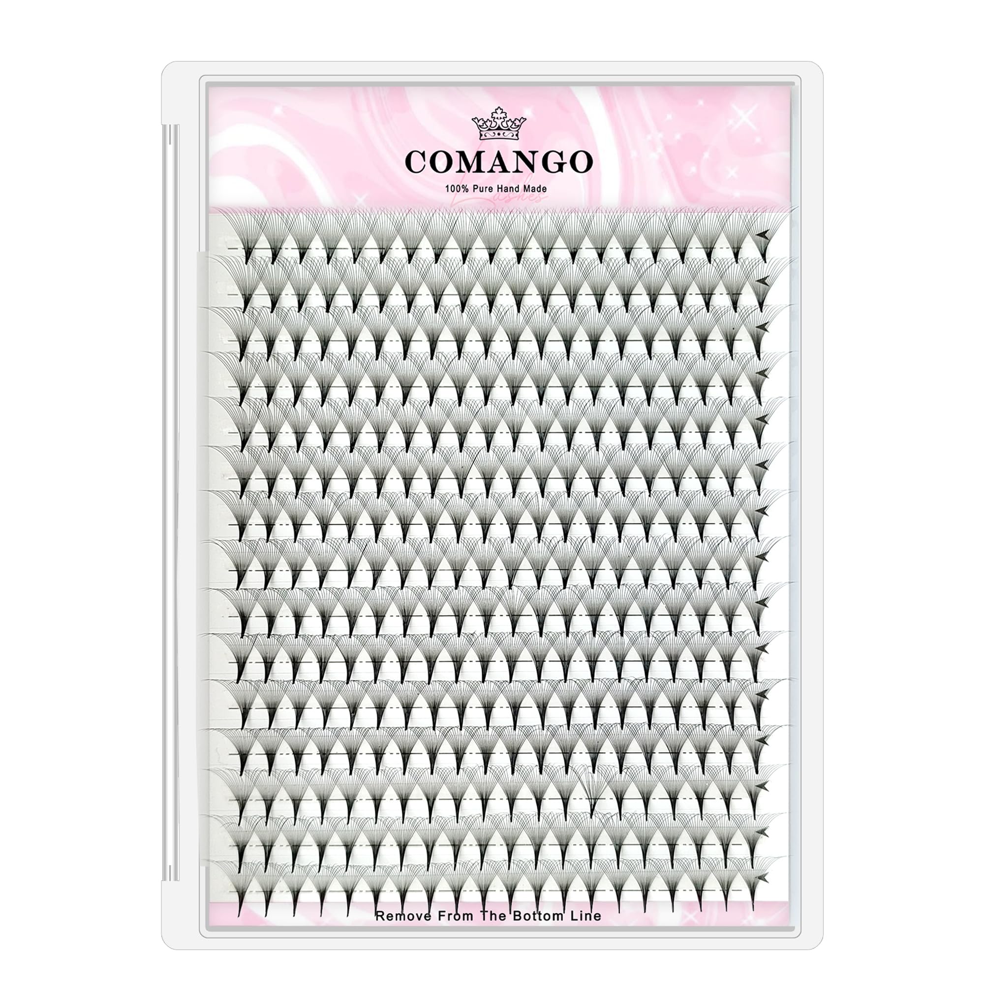 CoMango Premade Fans Eyelash Extensions 300 Fans 16D Volume 0.05mm D curl 9mm Sharp Narrow Stem Clusters Thin Pointy Base Russian Pre Fanned Fluffy