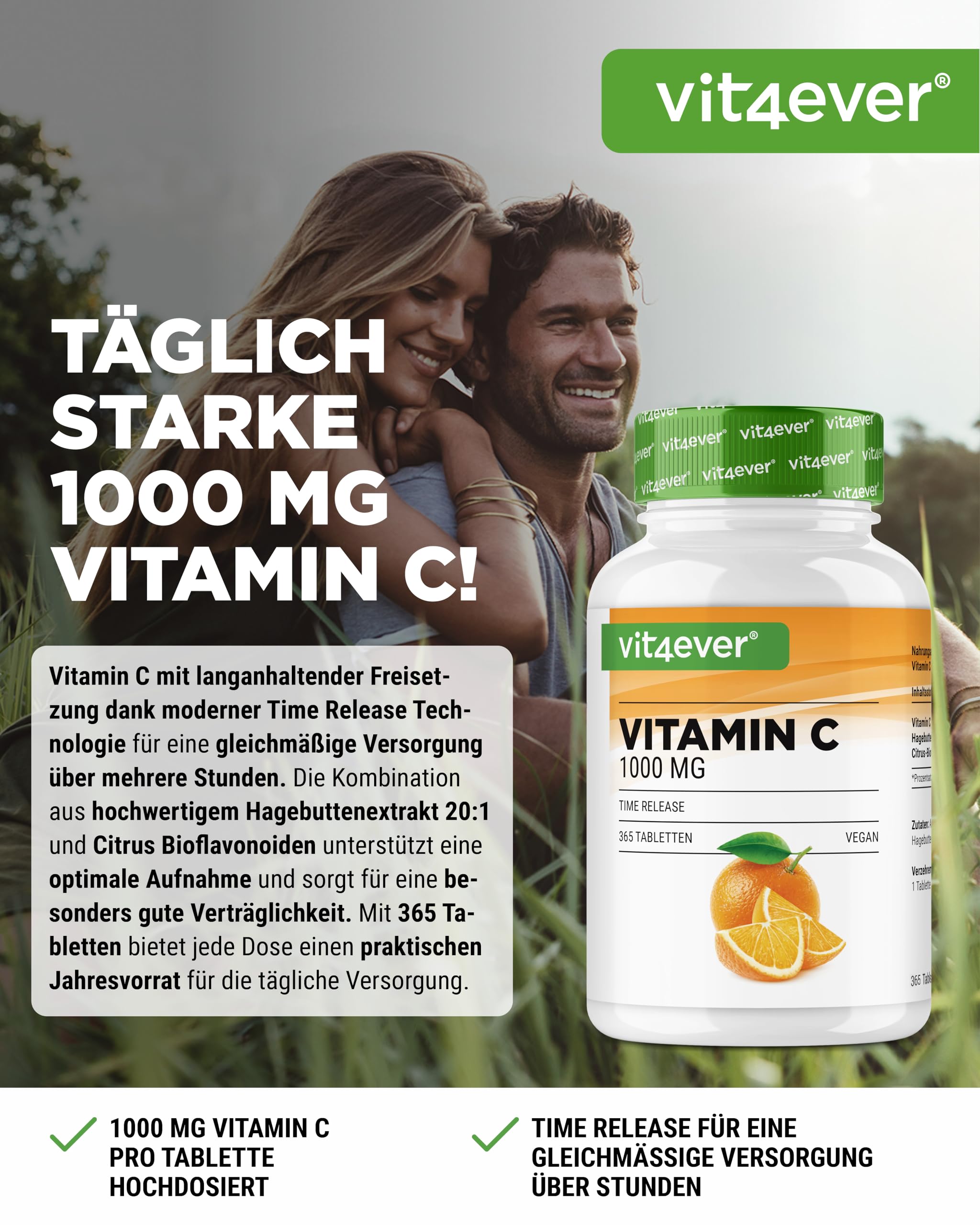 vit4ever Vitamin C 1000 mg - 365 Tabletten im Jahresvorrat - Time Released Effekt - Laborgeprüft - Vitamin C + Hagebuttenextrakt + Citrus-Bioflavonoide - Vegan, hochdosiert | Hochdosiert, Jahresvorrat, Vitamin C + Hagebuttenextrakt & Citrus-Bioflavonoide,