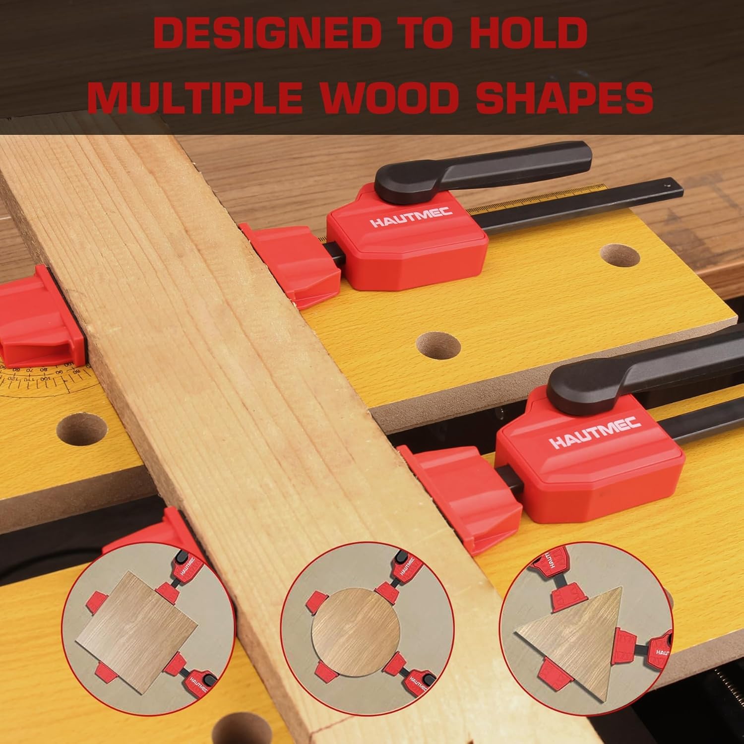 HAUTMEC 3/4" Bench Dog Clamp, Quick-Release Hold Down Clamps for 19mm Dog Holes, 170 Lbs Clamping Force, Adjustable Bench Clamps for Woodworking, Assembling, Gluing, 4 Pack - HT0276