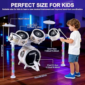 Drum Kit for Toddlers 3-5, Kids Jazz Drum Sets with 5 Drums, Light up Toys | Upgraded Cool Kids Drum Kit. Light up Band Rock Set, Musical Instrument Toys,Gifts for Boys Girls 3-5 4-6 5-8,All Plastic