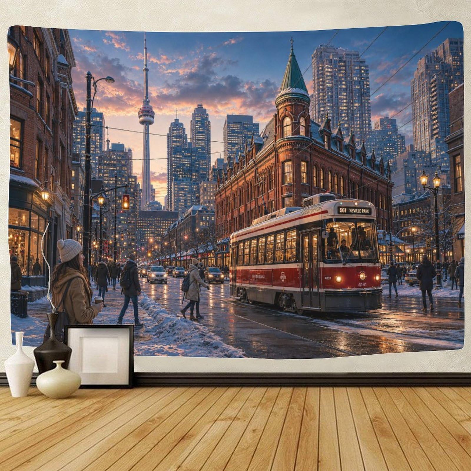 ASDFGHJKLZA Vintage Toronto Wall Tapestry 3D Print Wall Art Decor Winter Streetscape Tapestries Poster Home Decoration Bedroom Dorm 100cmx150cm