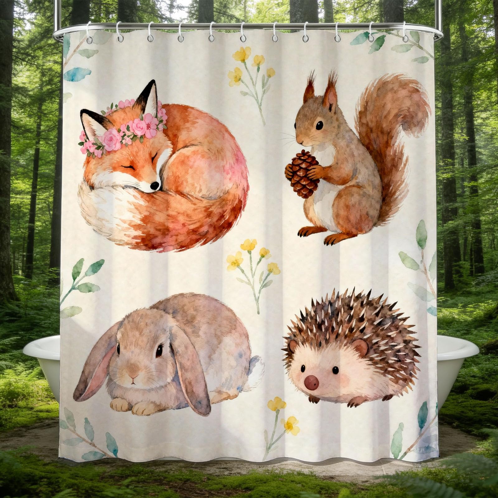 Hongduo 3D Woods Animals Shower Curtain for Stalls Bathtubs Fox Squirrel Rabbit Bathroom Decor Shower Curtain Set Polyester Fabric Waterproof 120x180cm/48X71 Inch with Hooks