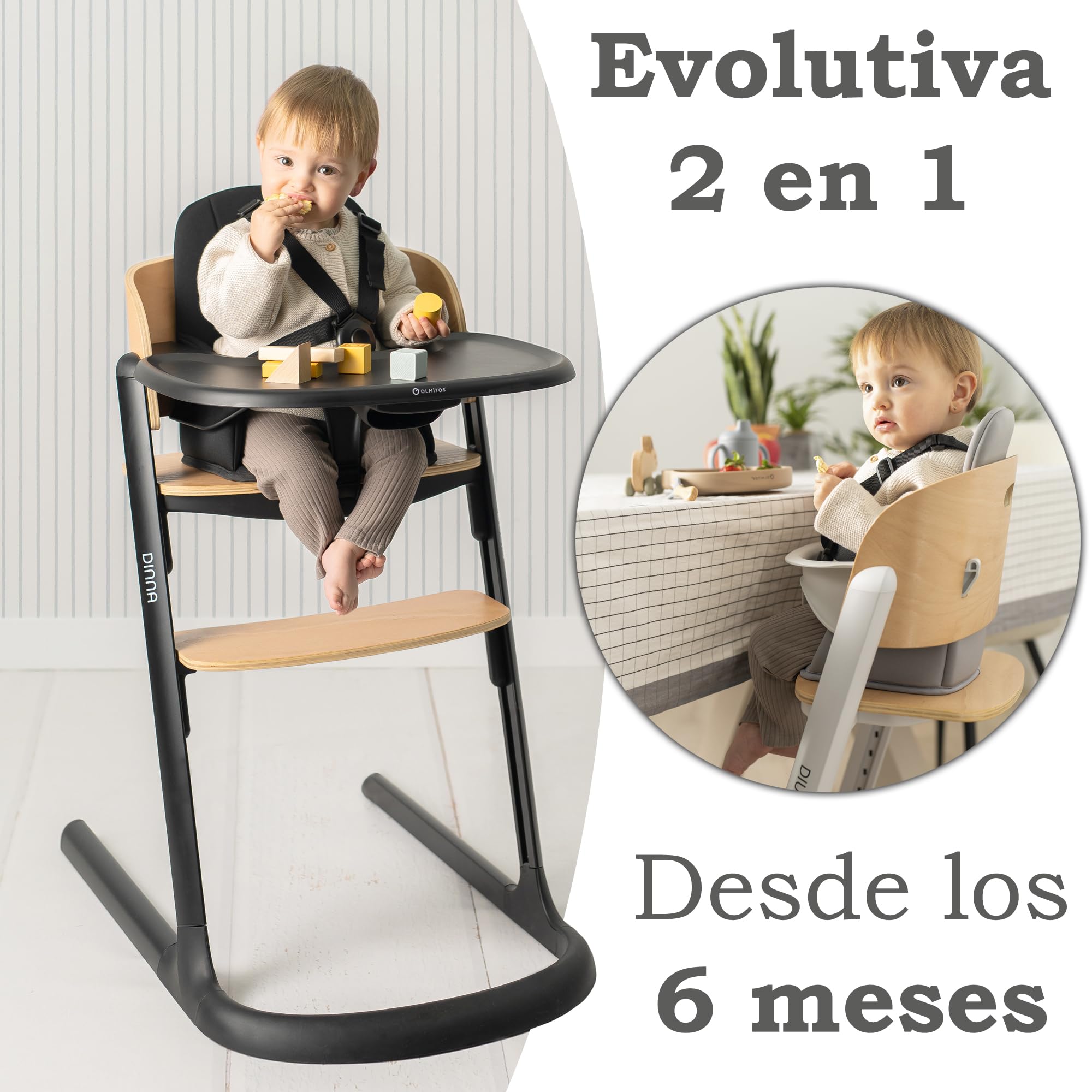 Olmitos Trona evolutiva de madera 2 en 1 DINNA Silla infantil Evolutiva y convertible desde 6 meses hasta adolescencia | Ajustable en altura y profundidad, bandeja extraíble y arnés 5 puntos (Negro)