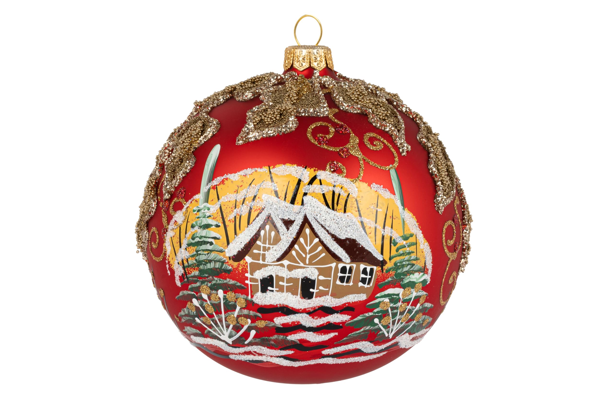 Bola de cristal soplado pintada a mano con diseño de Navidad, color rojo, tamaño mediano, 120 mm, hojas de muérdago