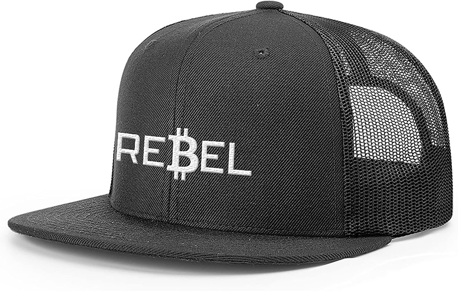 BustedTees Rebel Bitcoin Flatbill Back Mesh Hat Cryptocurrency Trading Baseball Cap