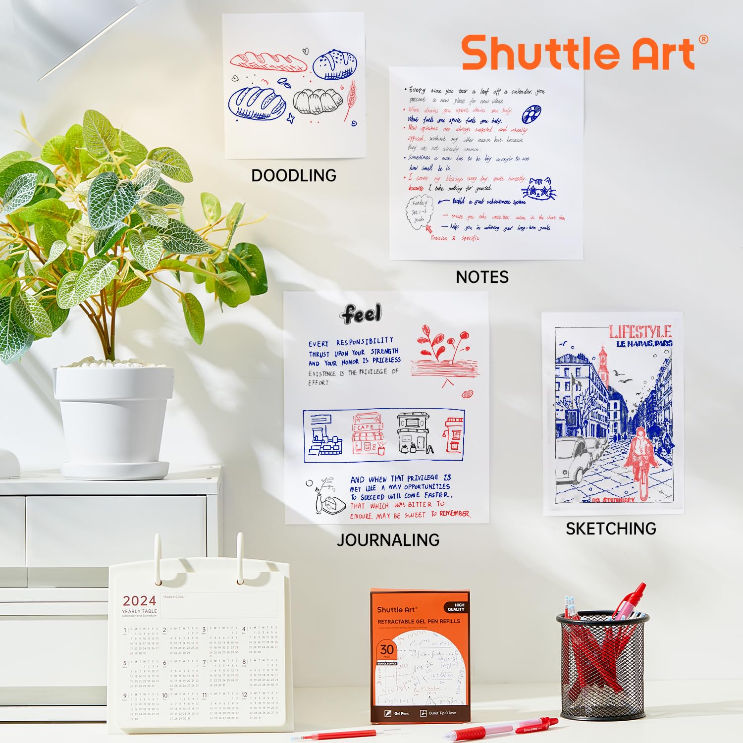 Shuttle Art Lot de 30 recharges de stylos à encre gel rétractables à encre gel rouge, pointe fine de 0,7 mm, pour écrire, journal, prendre des notes, école, bureau, maison
