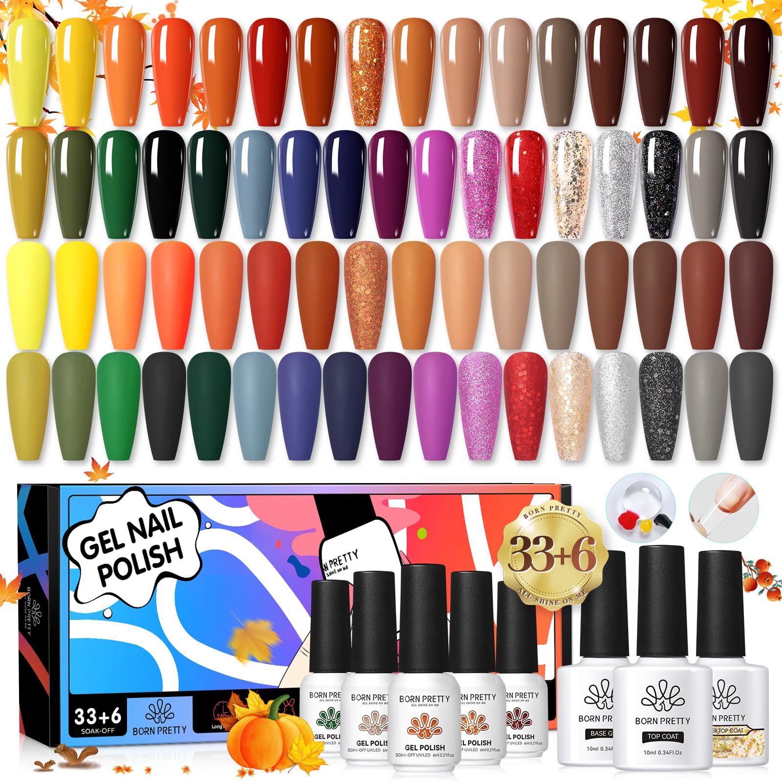 BORN PRETTY Esmalte Semipermanente Marrón Nude Rojo Brillantina Pintauñas Kit Base Top Coat Mate Builder Extension Gel Manicura, 33+6PCS