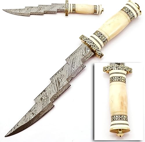 Skokie Knives - Cuchillo de caza de acero de damasco personalizado, mango de hueso de camello, hecho a mano con borde fijo de alta calidad,