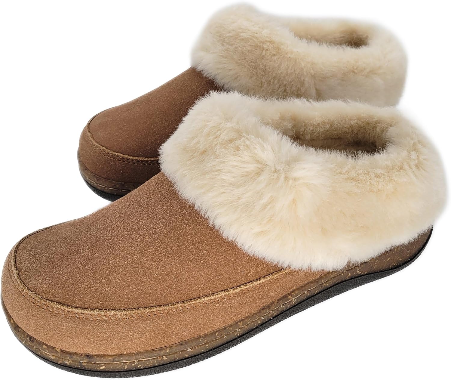 Clarks Womens Slipper Suede Leather Scuff Toe - Plush Faux Fur Collar/Lined With A Cork Midsole - Open Back Indoor Outdoor House Slippers For Women (Cognac US 8) - Image 8