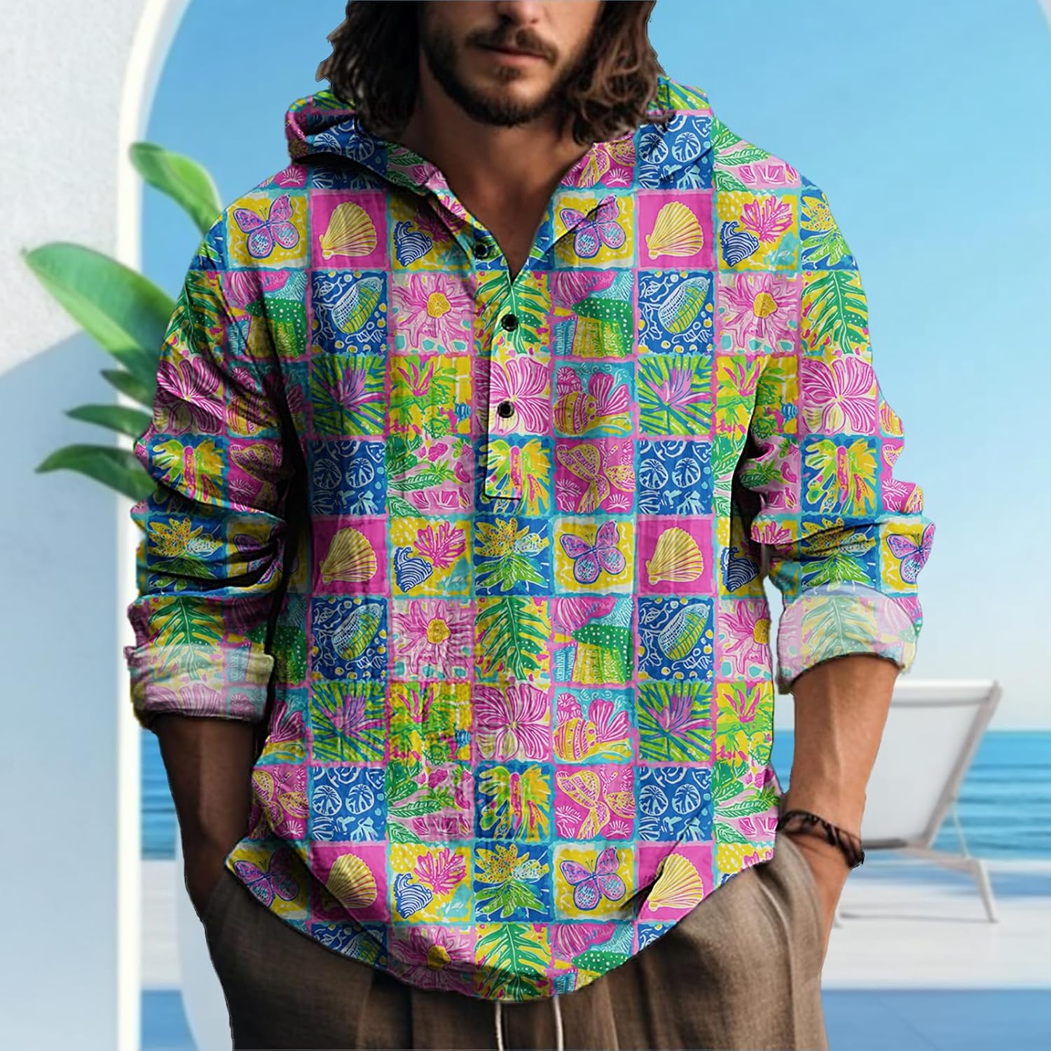 MARSVOVO Hawaiian Mens Hoodie 3 Button Long Sleeve Hooded Shirts Loose Casual Stylish Beach Henley Shirt for Spring Fall - Image 3