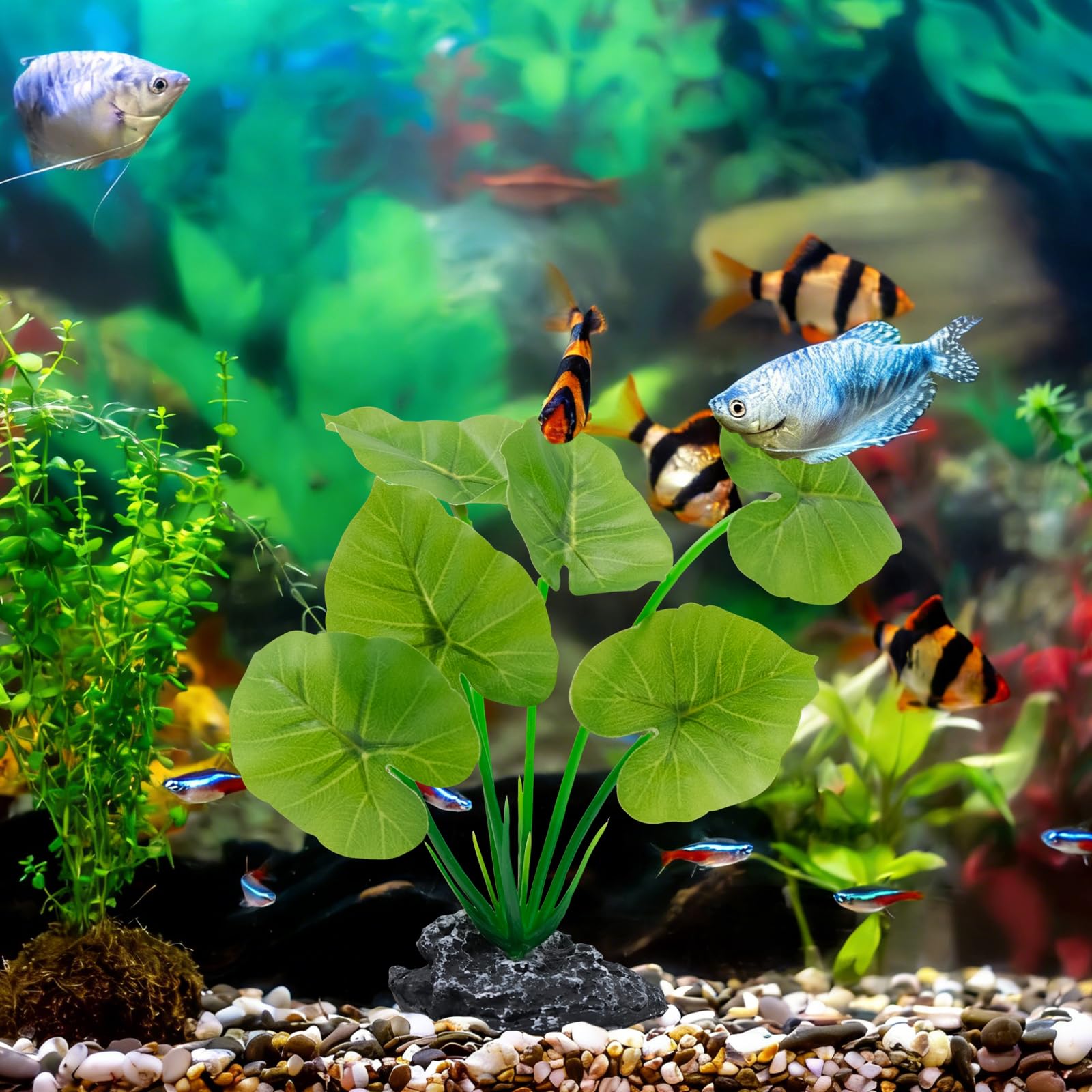 Plante artificielle décorative pour aquarium et terrarium, aspect bois flotté, avec socle en résine solide et feuilles en plastique flexibles, cachette, brise-vue et structure pour petits aquariums et