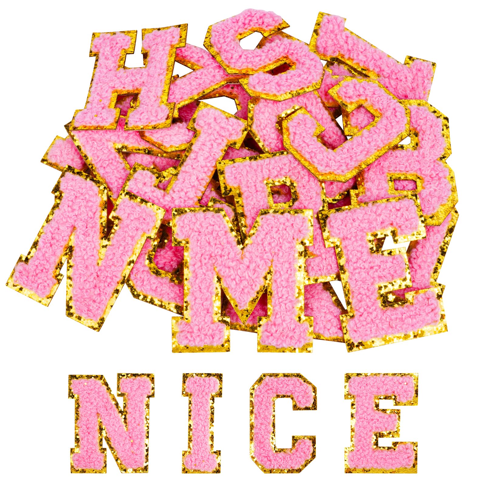 AOOTE Self Adhesive Letter Patches, 26Pcs A-Z Embroidered Applique Patches, Chenille Letters Stickers, Stick on Embroidered Patch for Clothes, Jeans, Dress, Hat, Bags, DIY Accessories, Pink