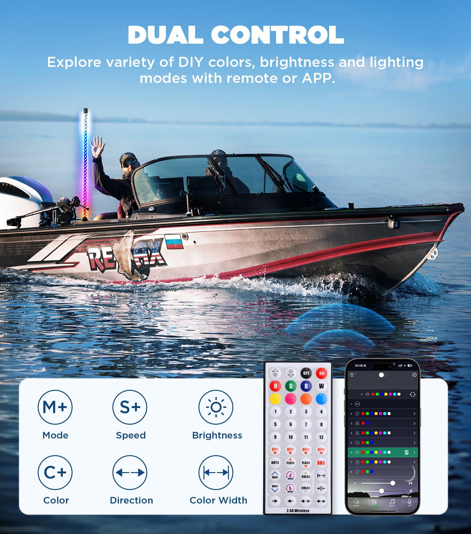 Ehaho 4FT LED Boat Navigation Light with Bluetooth APP & Remote, DIY Colors & 400+ Patterns NavLight Show Boat Whip Lights, Nav Lights Pole Anchor Running Stern Light for Boats