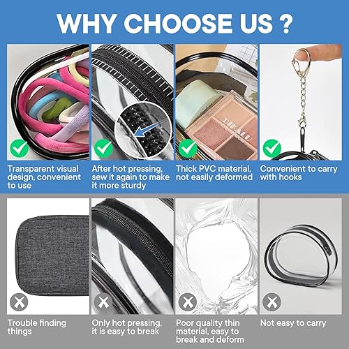 Miniatura 7 de XEWEA Pequeña bolsa de maquillaje transparente portátil impermeable, 3 piezas aprobadas por la TSA estuche de cosméticos con cremallera, organizador