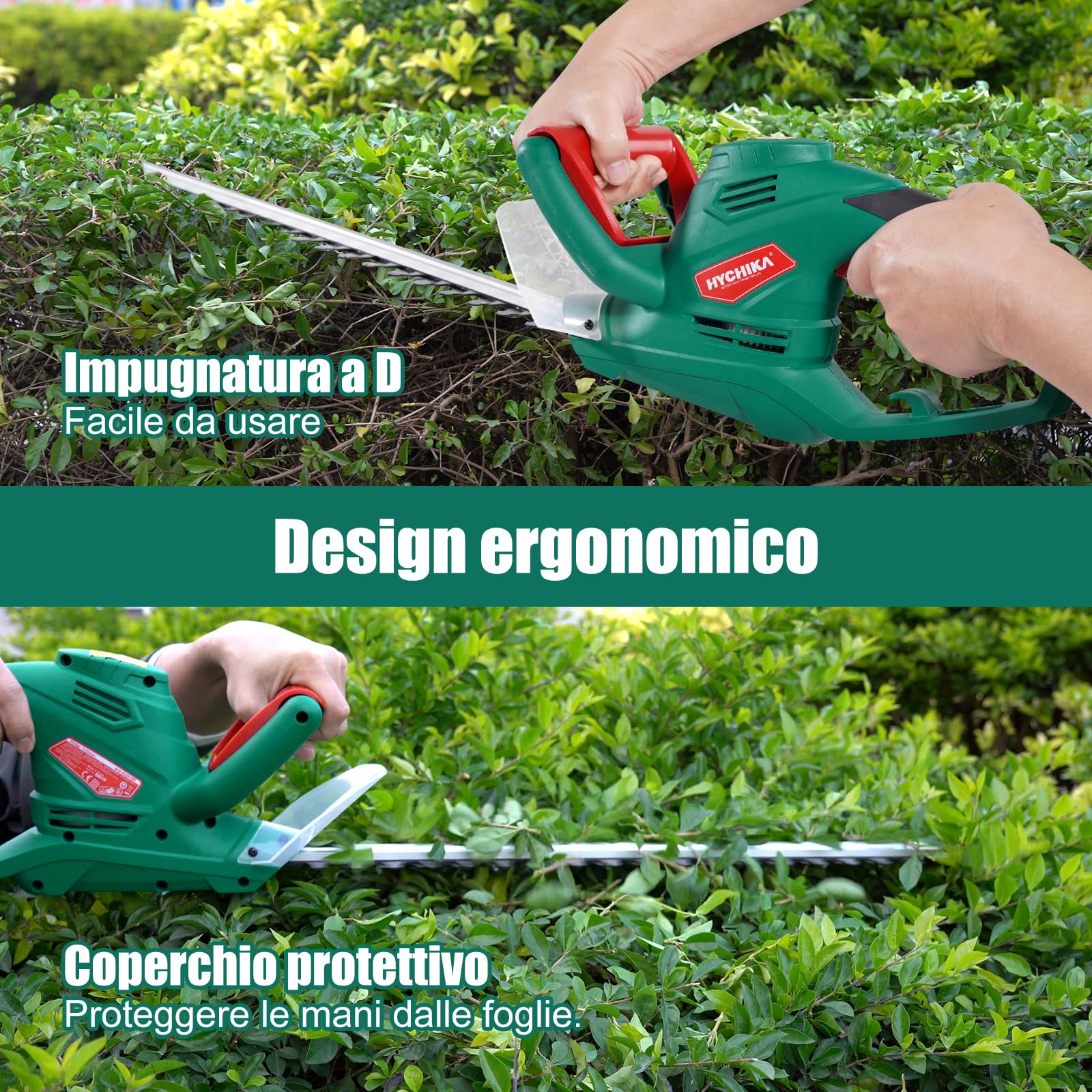 HYCHIKA Tagliasiepi Elettrico con Filo 550W, Taglia Siepe Elettrico, Tagliasiepe Elettrico, Lunghezza Lama 450MM, Distanza Denti 18MM, Lame a Doppia Azione, per la Potatura di Siepi e Arbusti