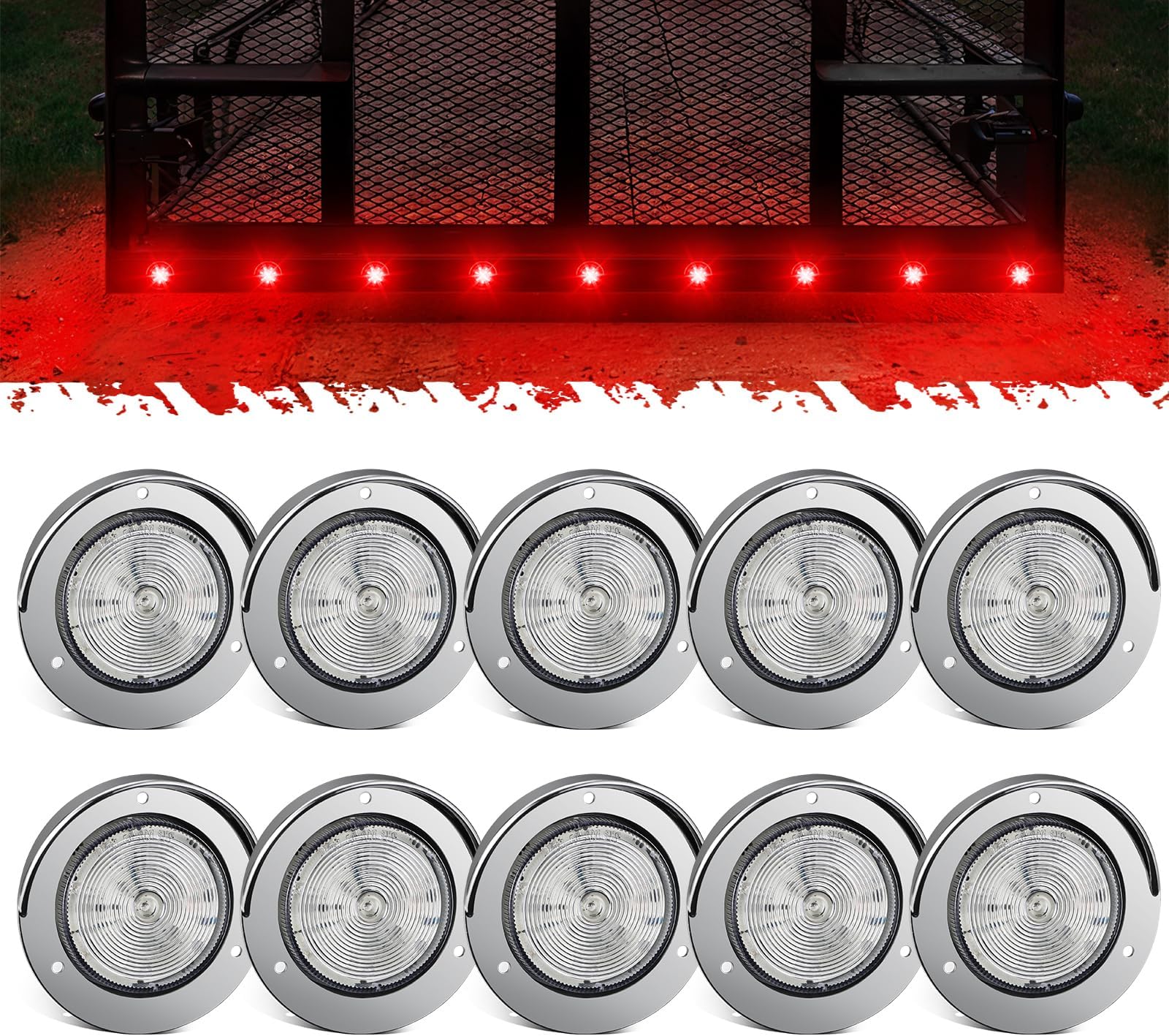 Partsam 10Pcs 2.5" Red 12LED Round Clearance/Marker Lights with Polished Chrome-plated Plastic Bezel for Trailer Truck RV, Clear lens, 12V