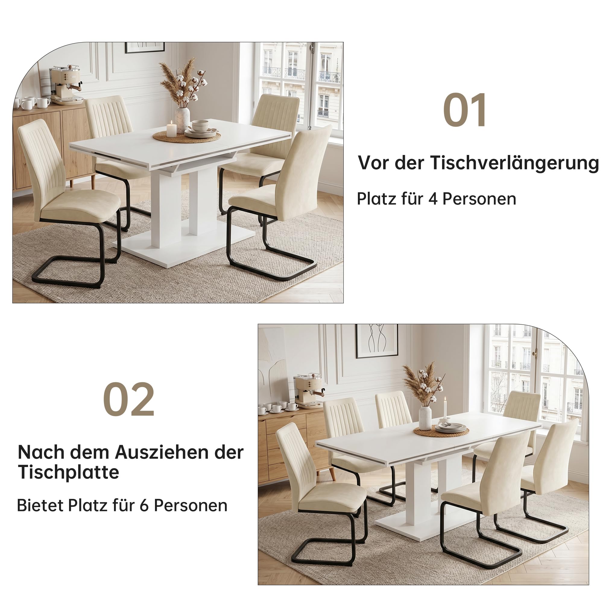 JIEXI Esstisch Ausziehbar, weißer MDF-Tisch 140-180cm für Küche, Esszimmer | Moderne Hochglanz-Tischplatte, stabiles Untergestell, Platz für 6-8 Personen, flexibel für Alltag, Gäste und kleine Räume