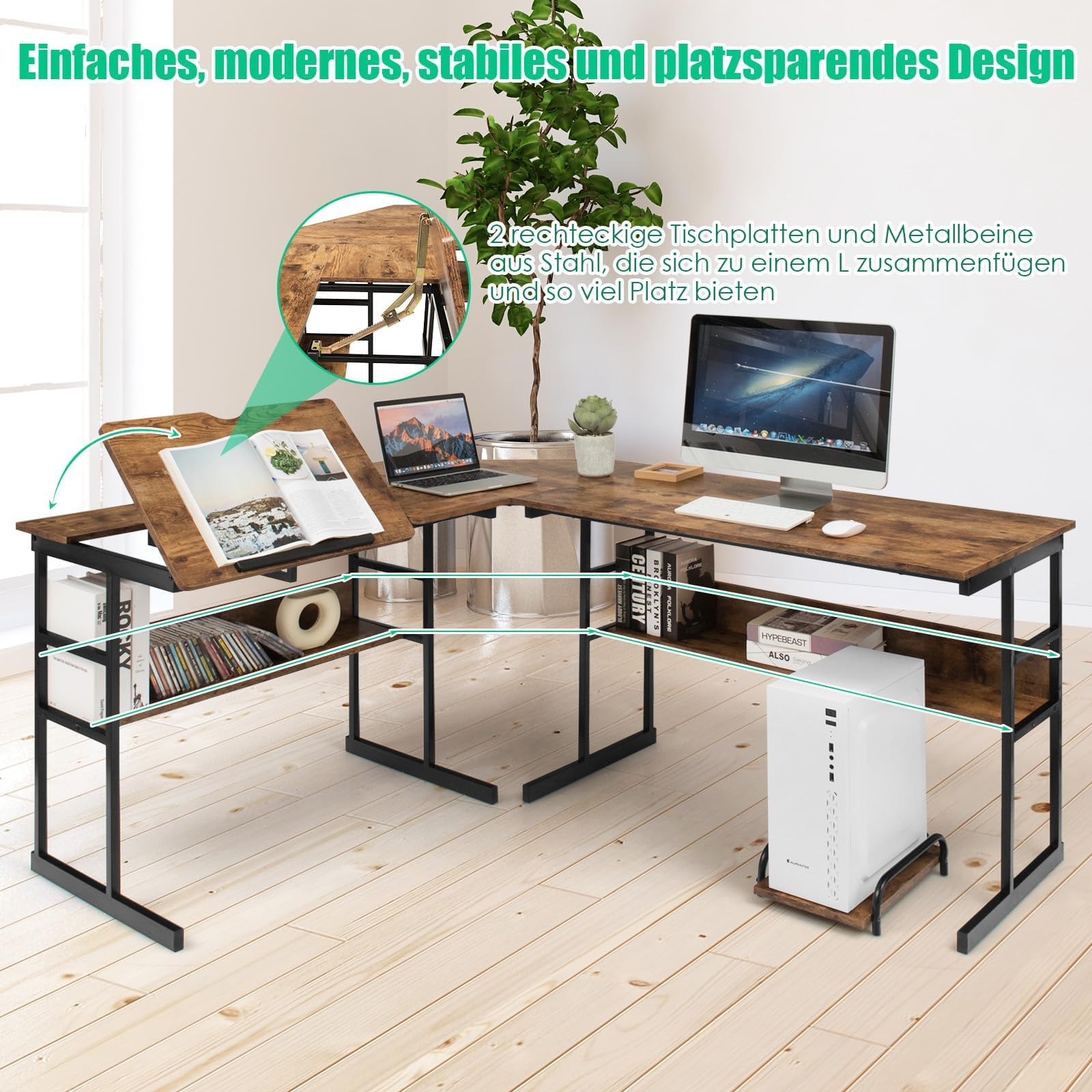 COSTWAY L-förmiger Schreibtisch, Eckschreibtisch aus Holz mit neigbarer Tischplatte, 2 Ablagen & CPU-Ständer, Computertisch für Zuhause & Büro, 170 x 150 x 75 cm (Braun)